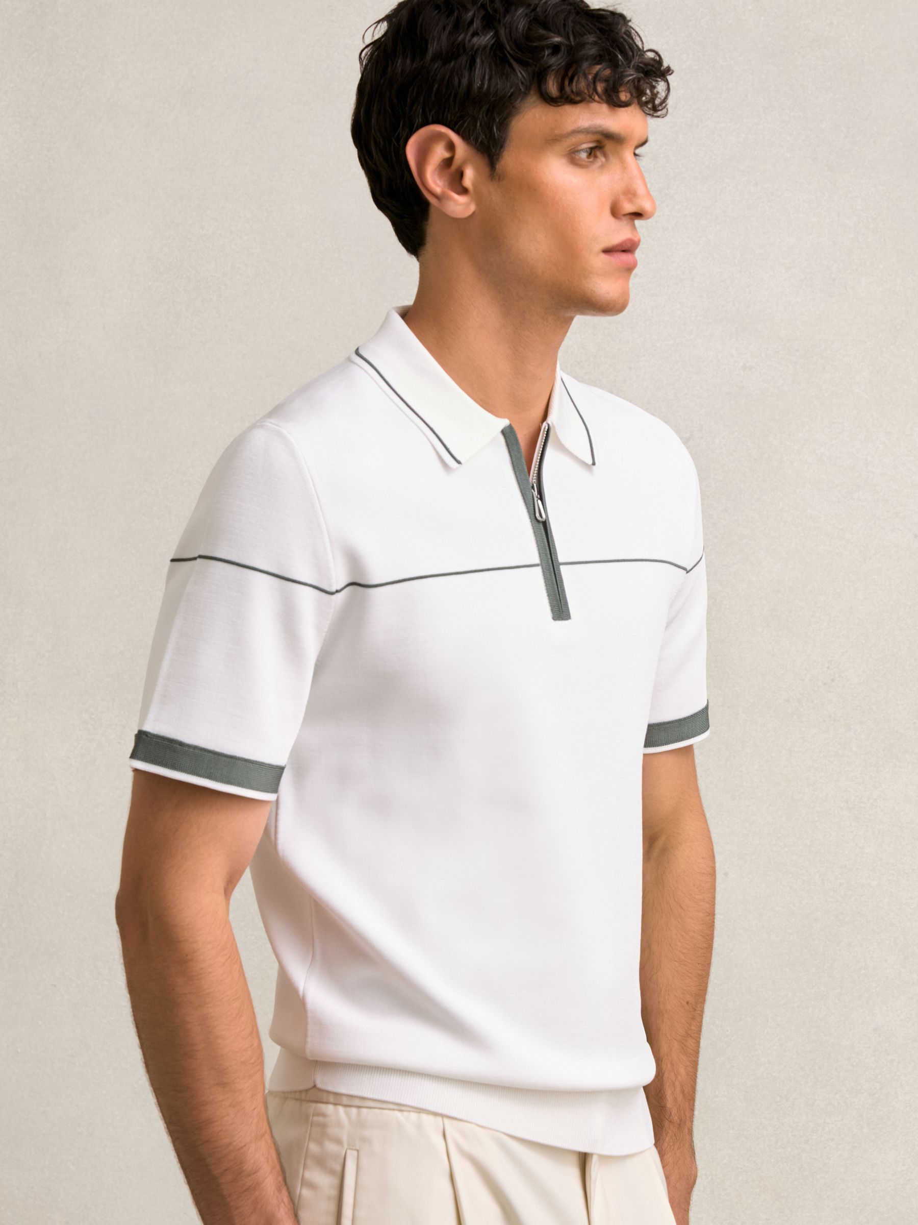 Reiss Half-Zip Tipped Polo Shirt in White/Green | REISS