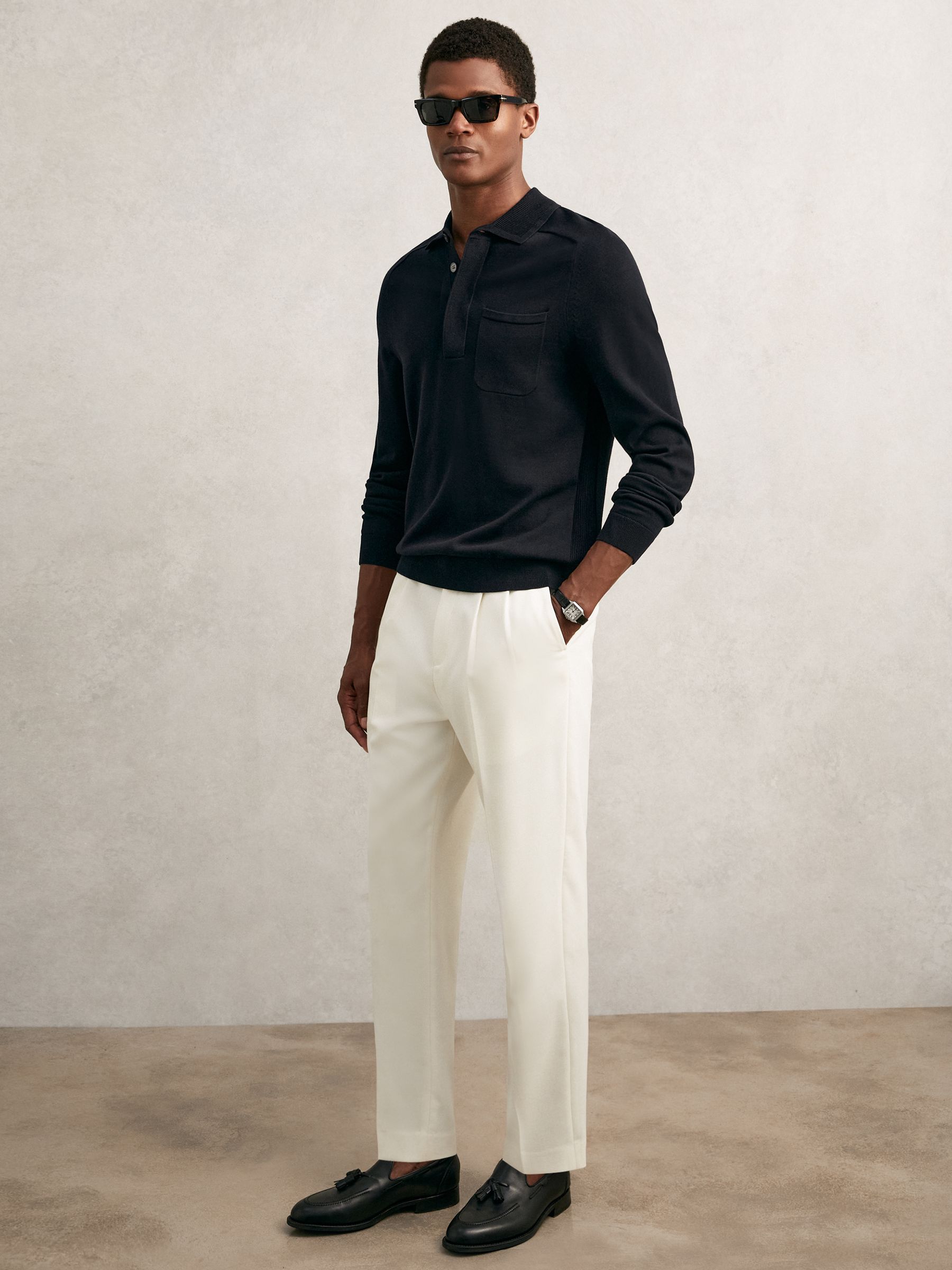 Polo en coton à patte de boutonnage dissimulée, bleu marine - Image 3 de 6