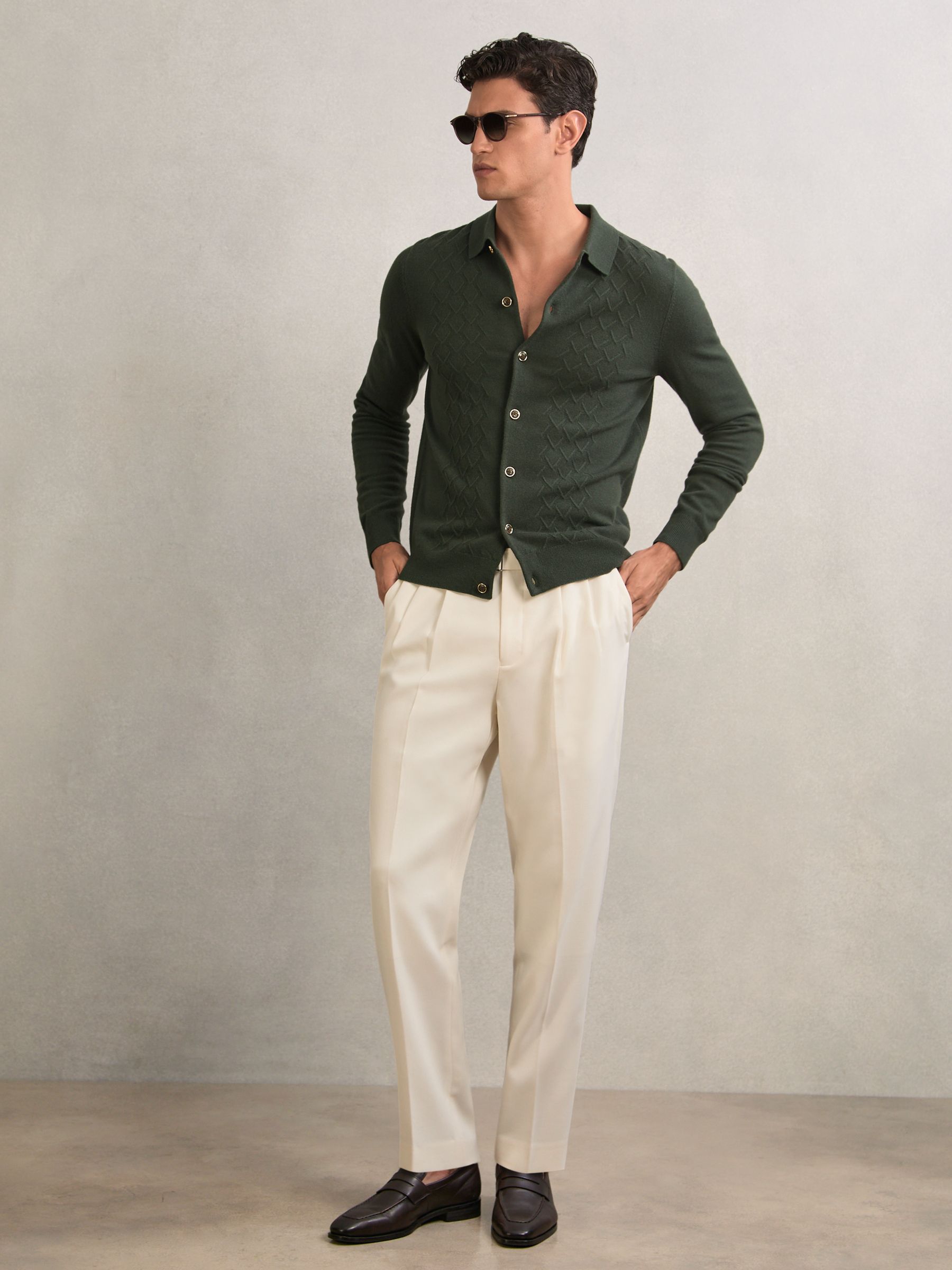 Wool V-Stitch Button-Through Cardigan in Forest Green - Image 3 of 5