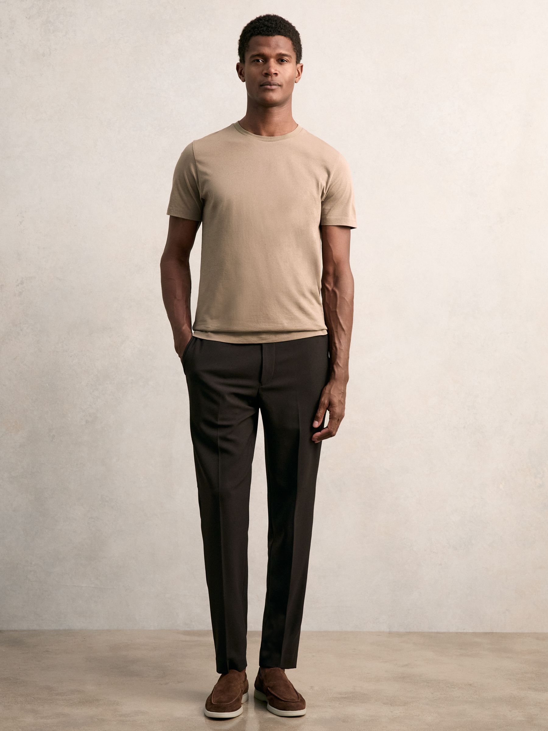 Cotton Crew Neck T-Shirt in Light Taupe Brown - Image 1 of 7