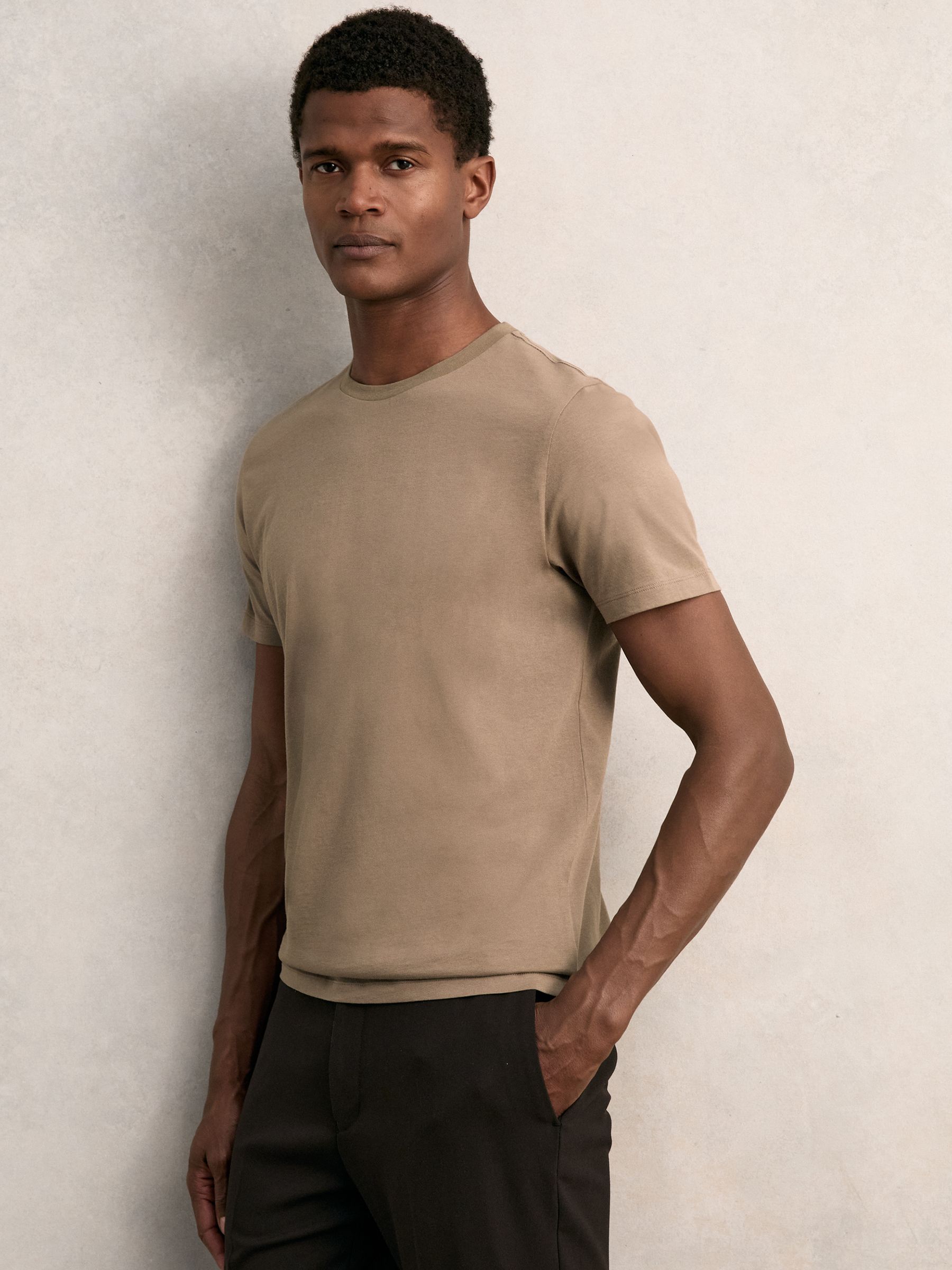 Cotton Crew Neck T-Shirt in Light Taupe Brown - Image 3 of 7