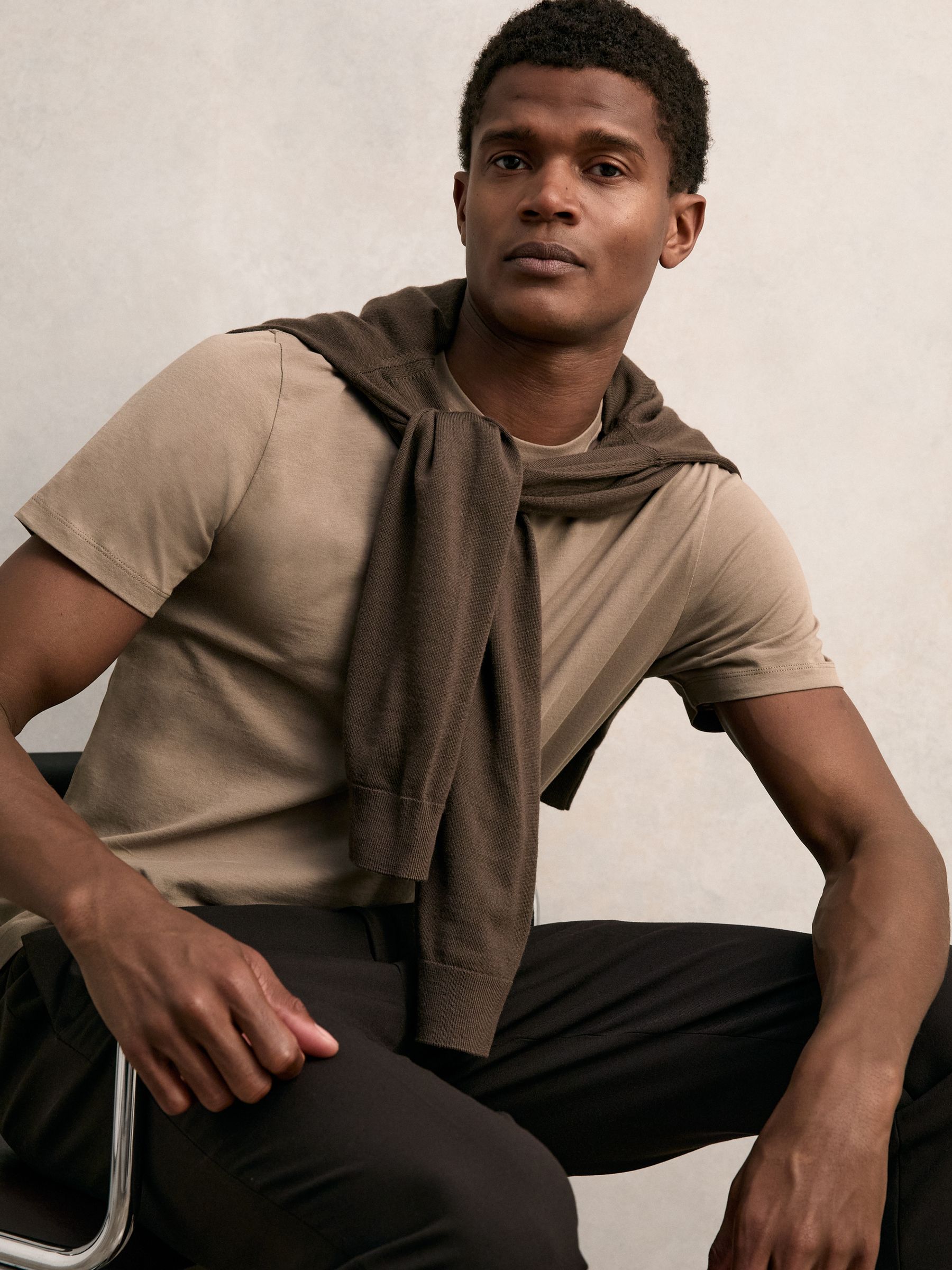 Cotton Crew Neck T-Shirt in Light Taupe Brown - Image 6 of 7