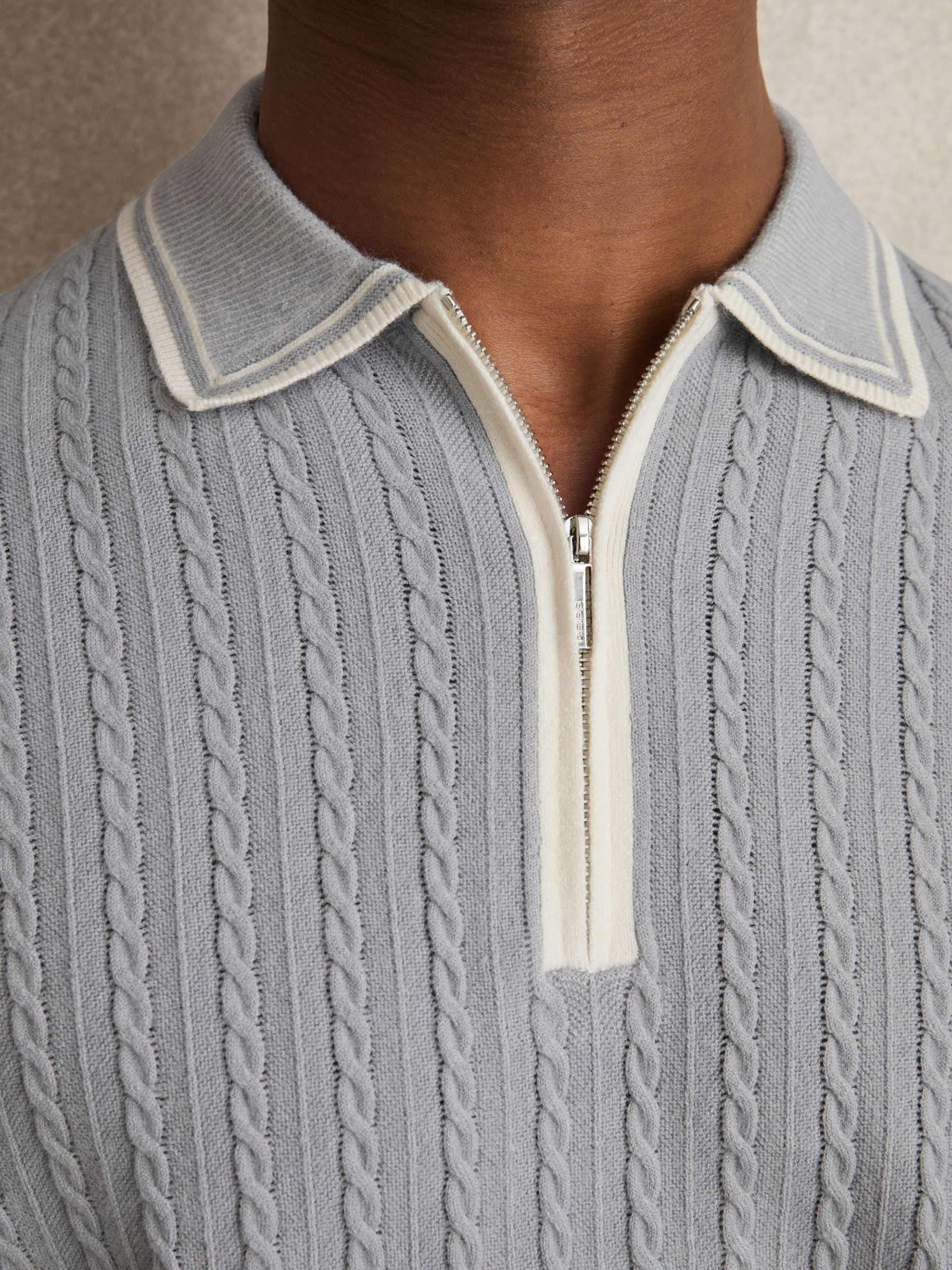 Reiss Micro-Cable Half-Zip Polo Shirt in Soft Blue | REISS