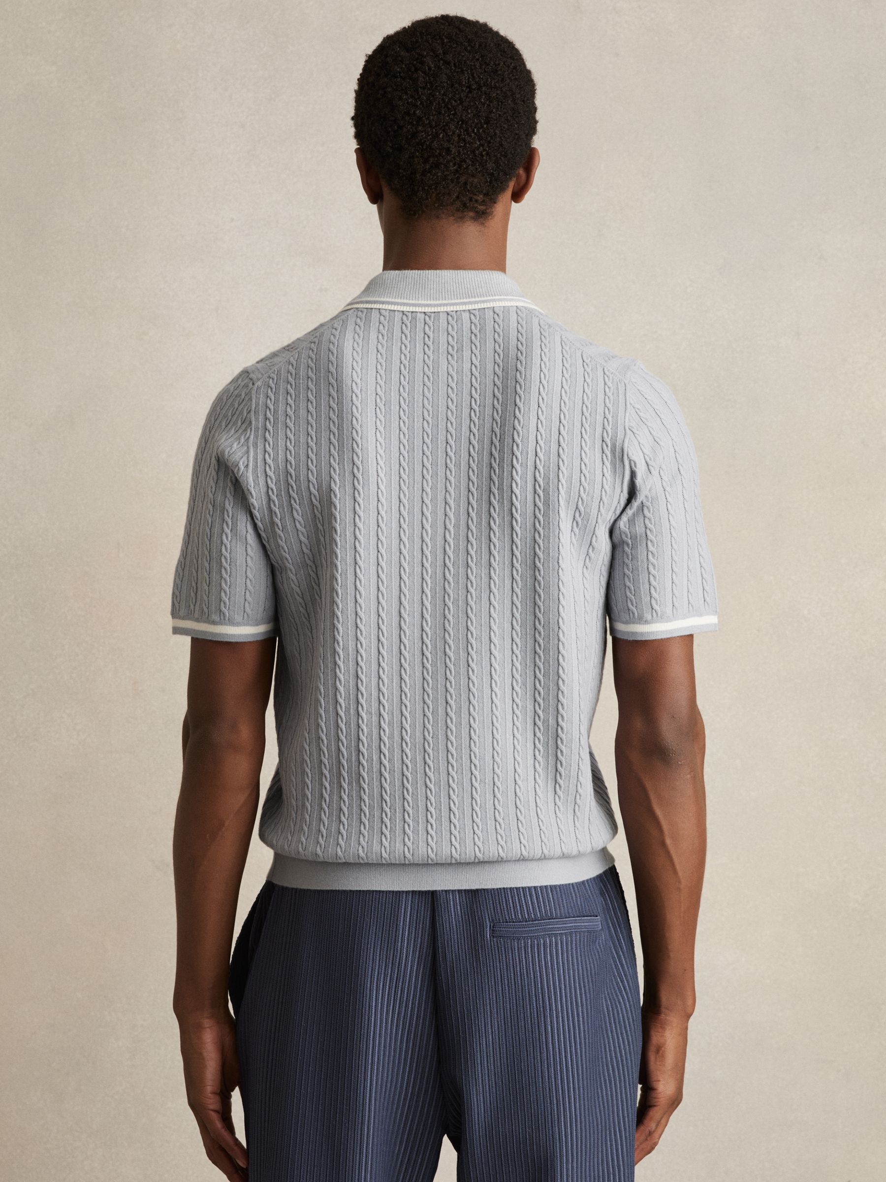 Micro-Cable Half-Zip Polo Shirt in Soft Blue - Image 4 of 5