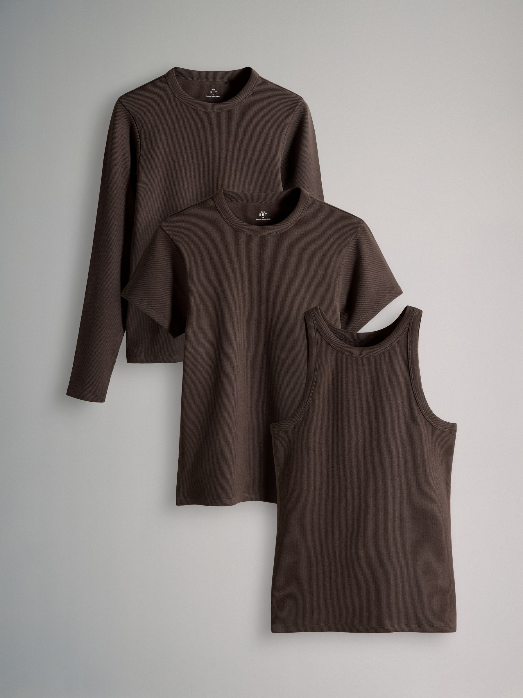 Chocolate Brown - 3 Pack Ribbed Vest / Long Sleeve / Short Sleeve T-shirt Essentials - Image 1 of 6 Chocolate Brown - 3 Pack Ribbed Vest / Long Sleeve / Short Sleeve T-shirt Essentials - Image 1 of 6