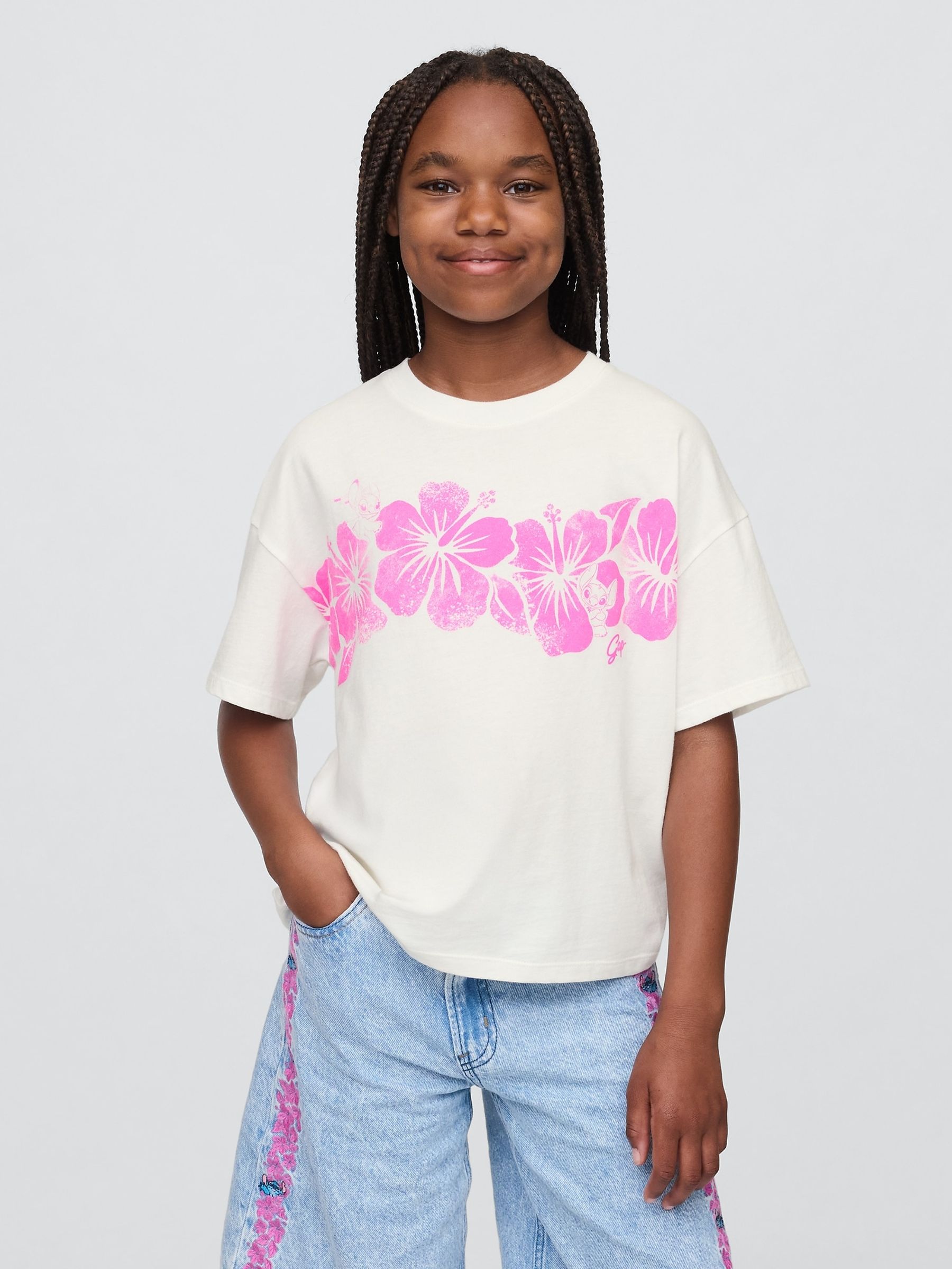 White/Pink Floral Lilo and Stitch Graphic Short Sleeve T-Shirt (4-13yrs) - Image 1 of 4