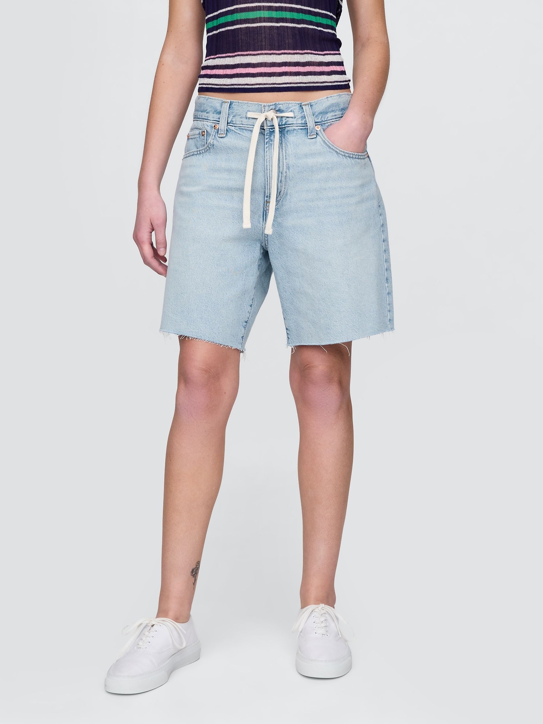 Blue 8" Mid Rise 90s Loose Denim Bermuda Shorts - Image 1 of 5