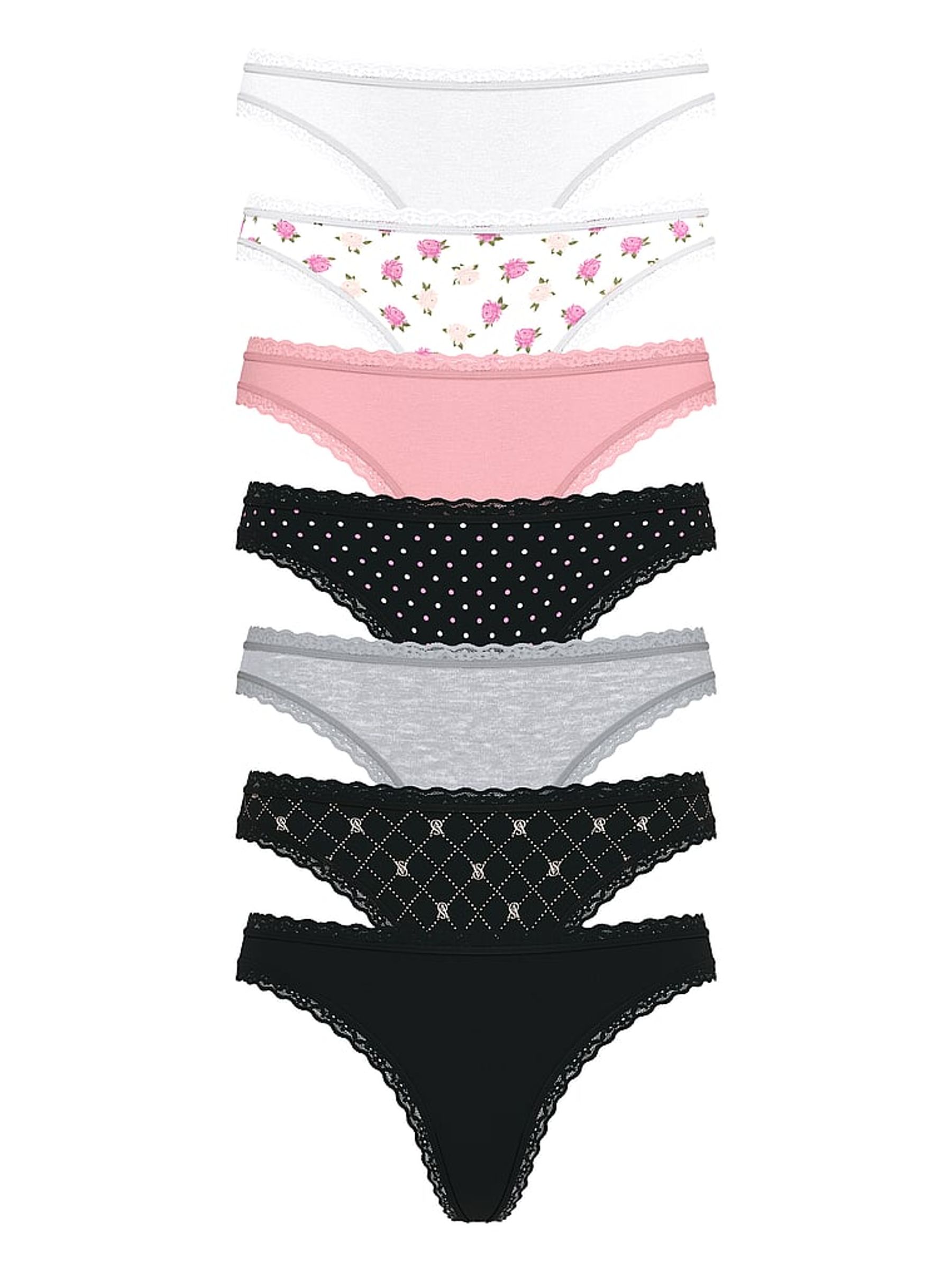 White/Pink/Black/Grey Thong 7 Pack Lace Trim Knickers - Image 1 of 2