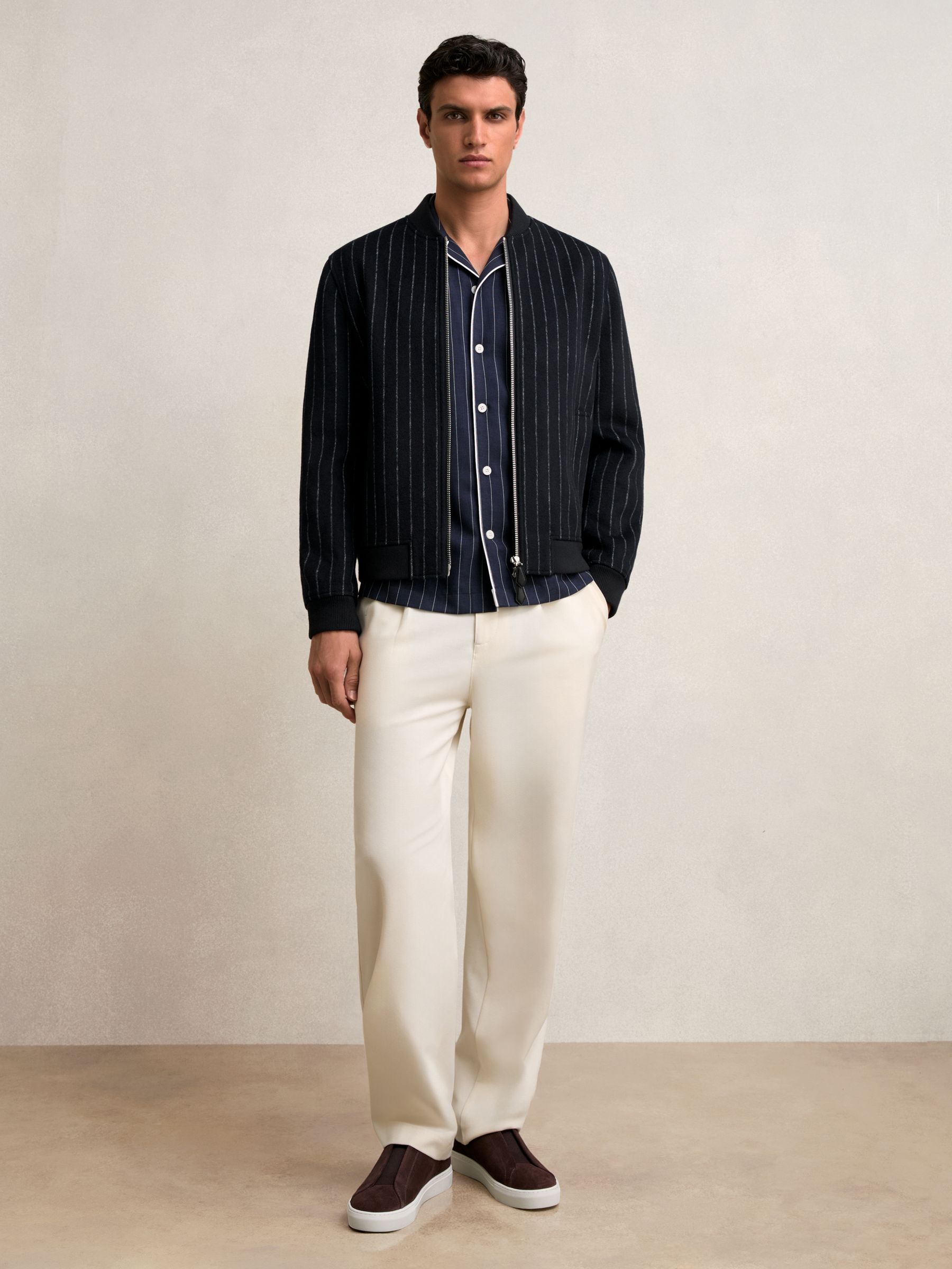 Reiss Wool-Blend Chalk-Stripe Bomber Jacket in Navy | REISS