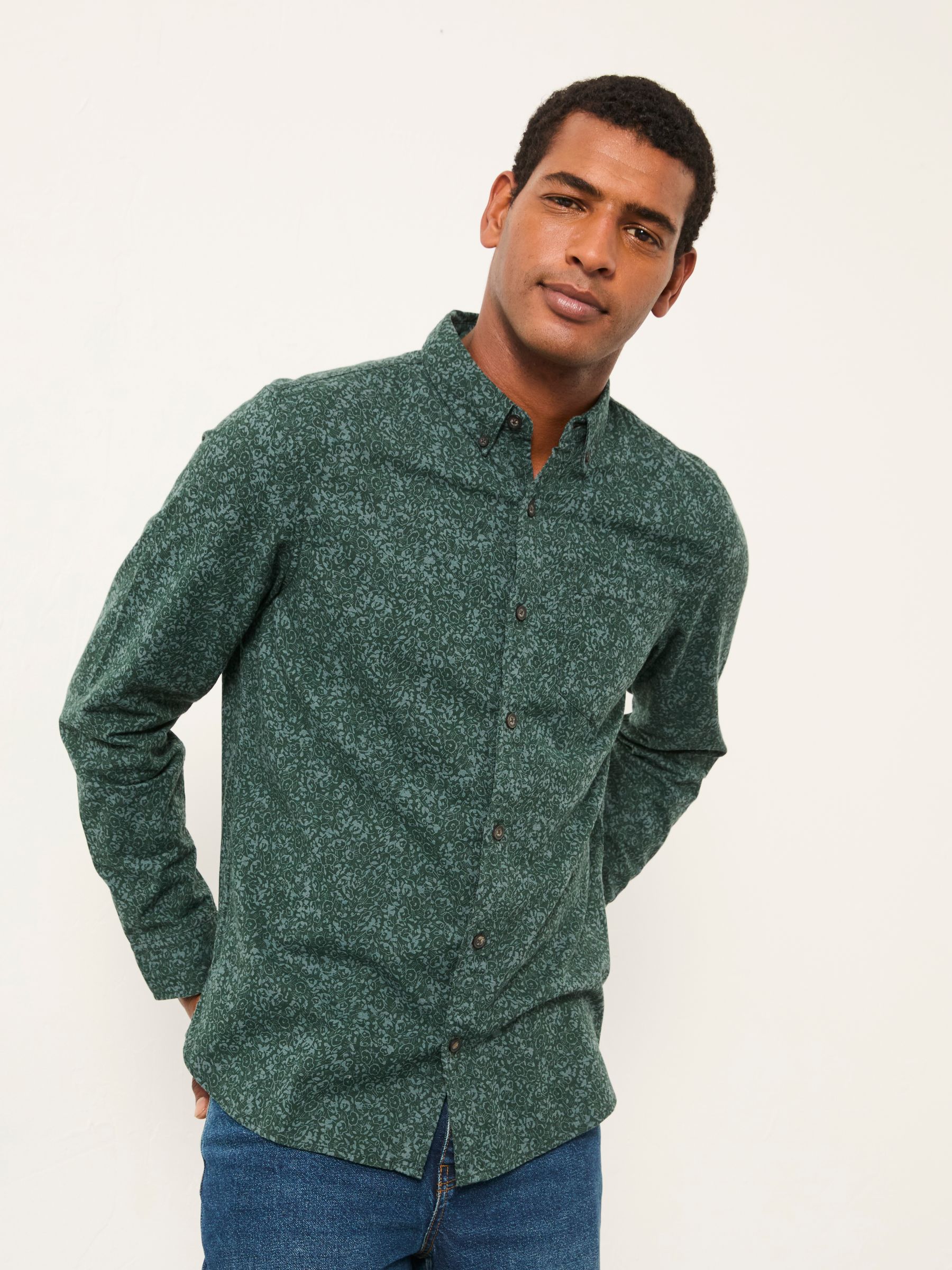 Dark Green Long Sleeve Floral Print Shirt - Image 1 of 7 Dark Green Long Sleeve Floral Print Shirt - Image 1 of 7
