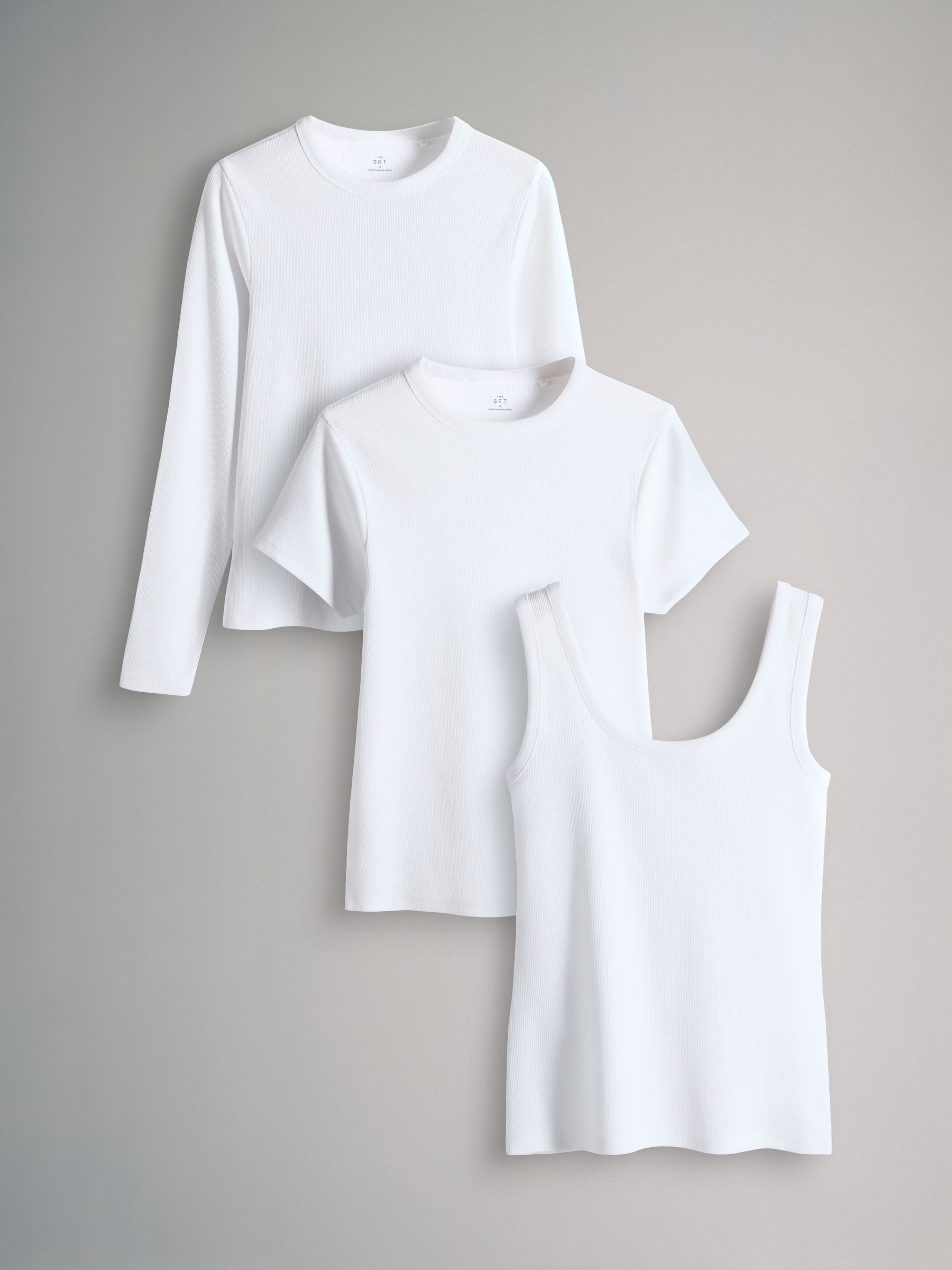 White - 3 Pack Ribbed Vest / Long Sleeve / Short Sleeve T-shirt Essentials - Image 1 of 6 White - 3 Pack Ribbed Vest / Long Sleeve / Short Sleeve T-shirt Essentials - Image 1 of 6