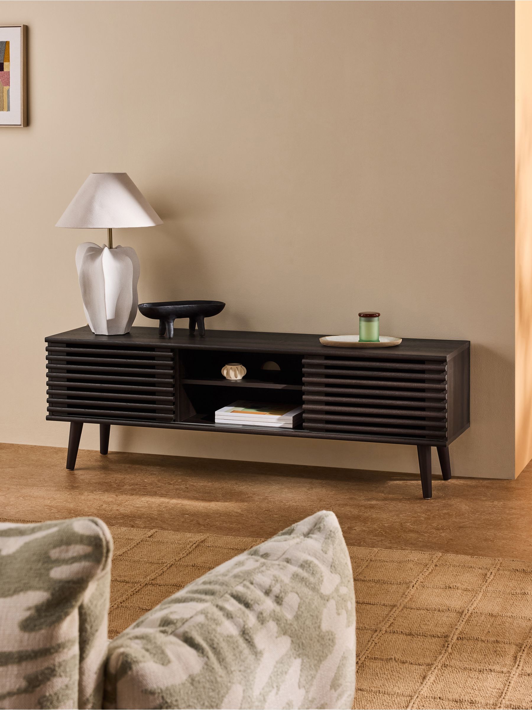 Tulma Wide TV Unit Up to 55 Inch in Dark Wood Effect - Image 1 of 6