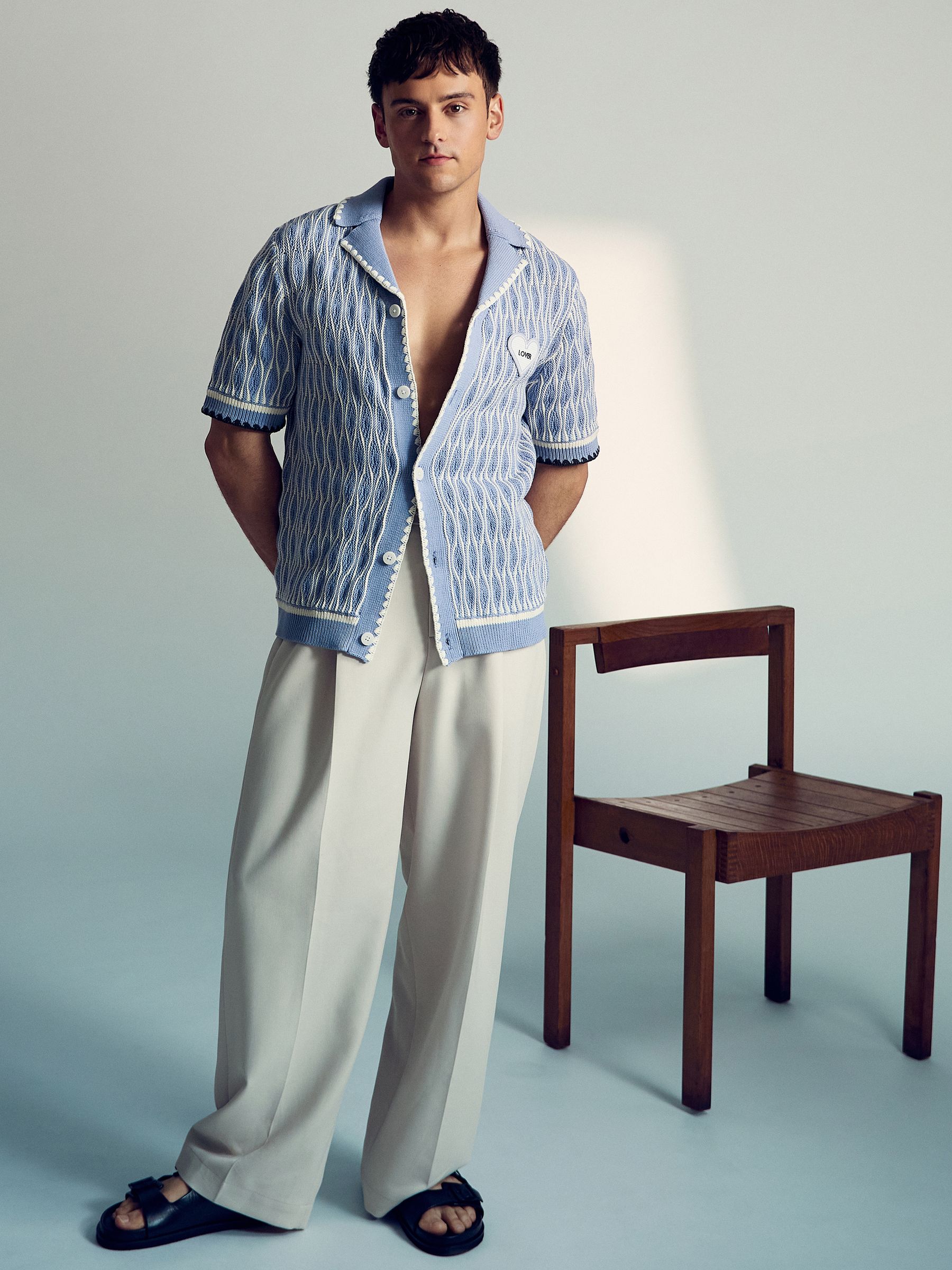 Tom Daley Wave-Knit Shirt in Soft Blue/White - Image 1 of 6 Tom Daley Wave-Knit Shirt in Soft Blue/White - Image 1 of 6
