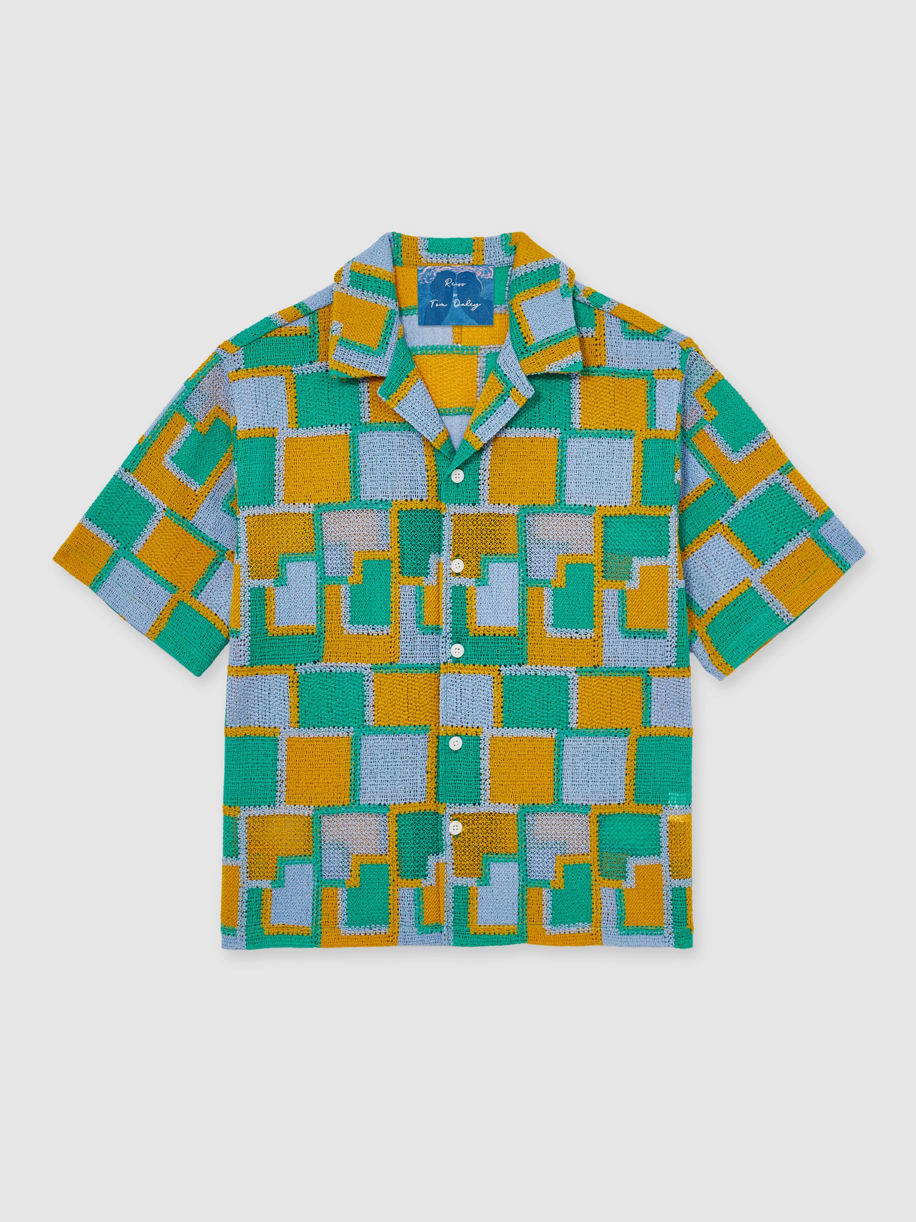 Reiss | Tom Daley Tile Crochet Shirt in Yellow/Green/Blue Multi - Image 2 of 6