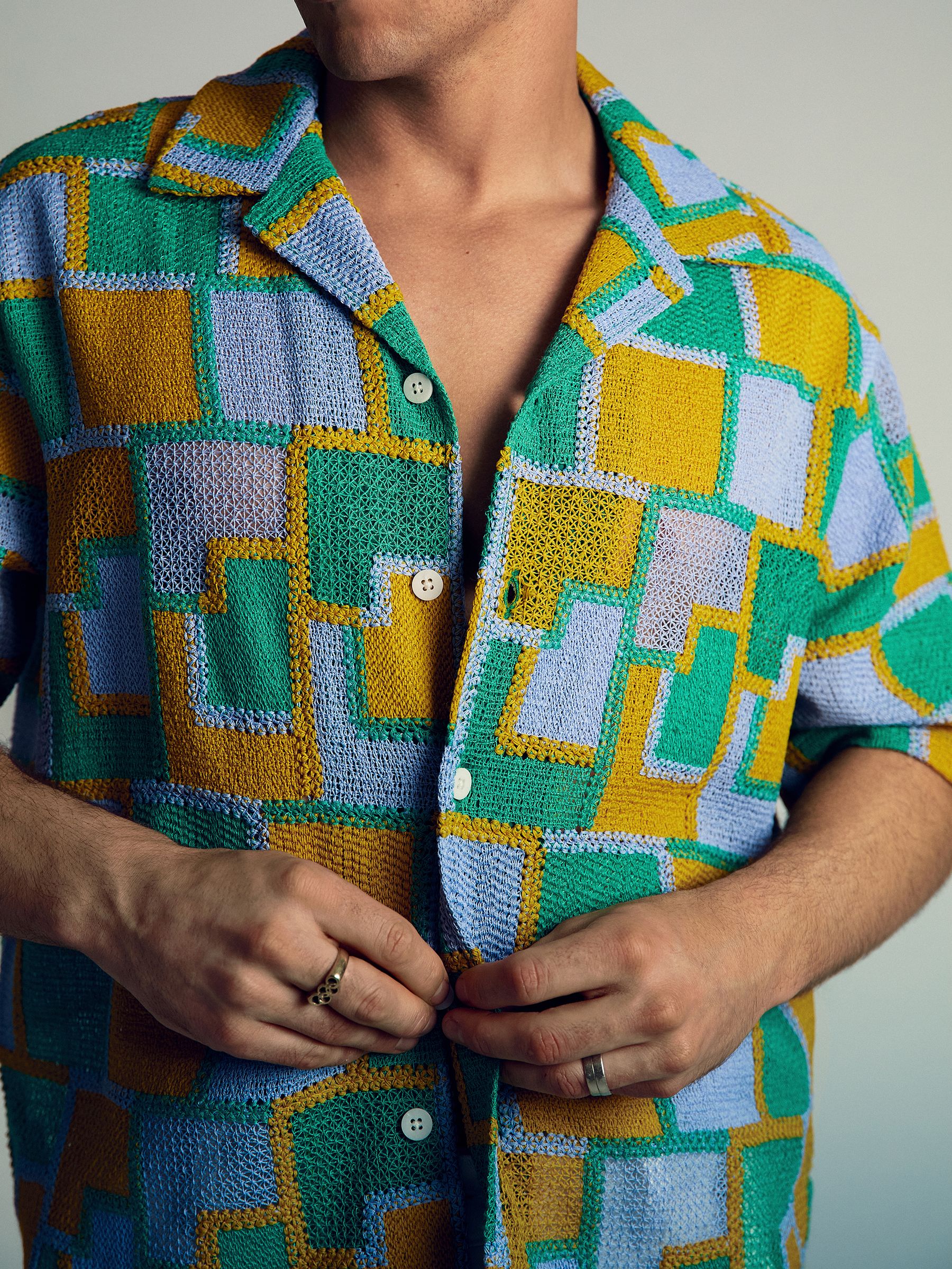 Reiss | Tom Daley Tile Crochet Shirt in Yellow/Green/Blue Multi - Image 3 of 6