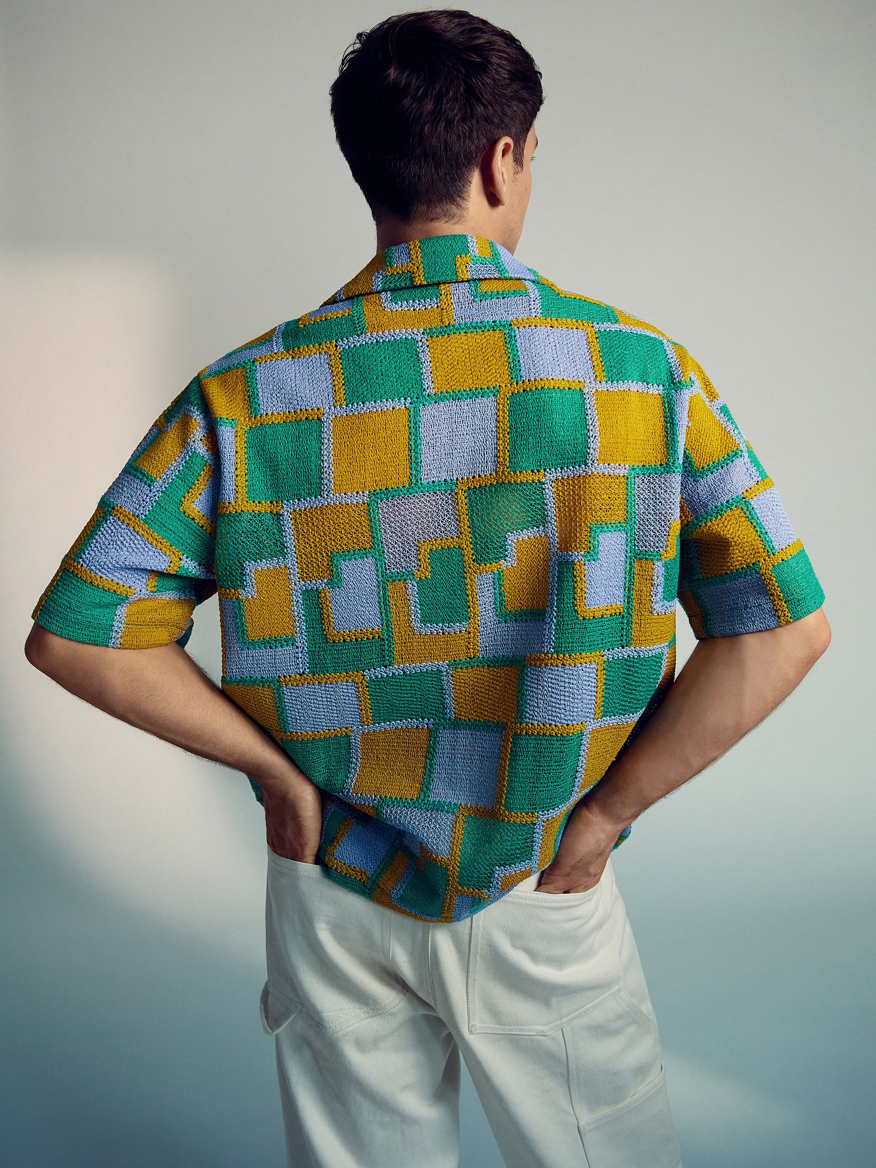 Reiss | Tom Daley Tile Crochet Shirt in Yellow/Green/Blue Multi - Image 4 of 6