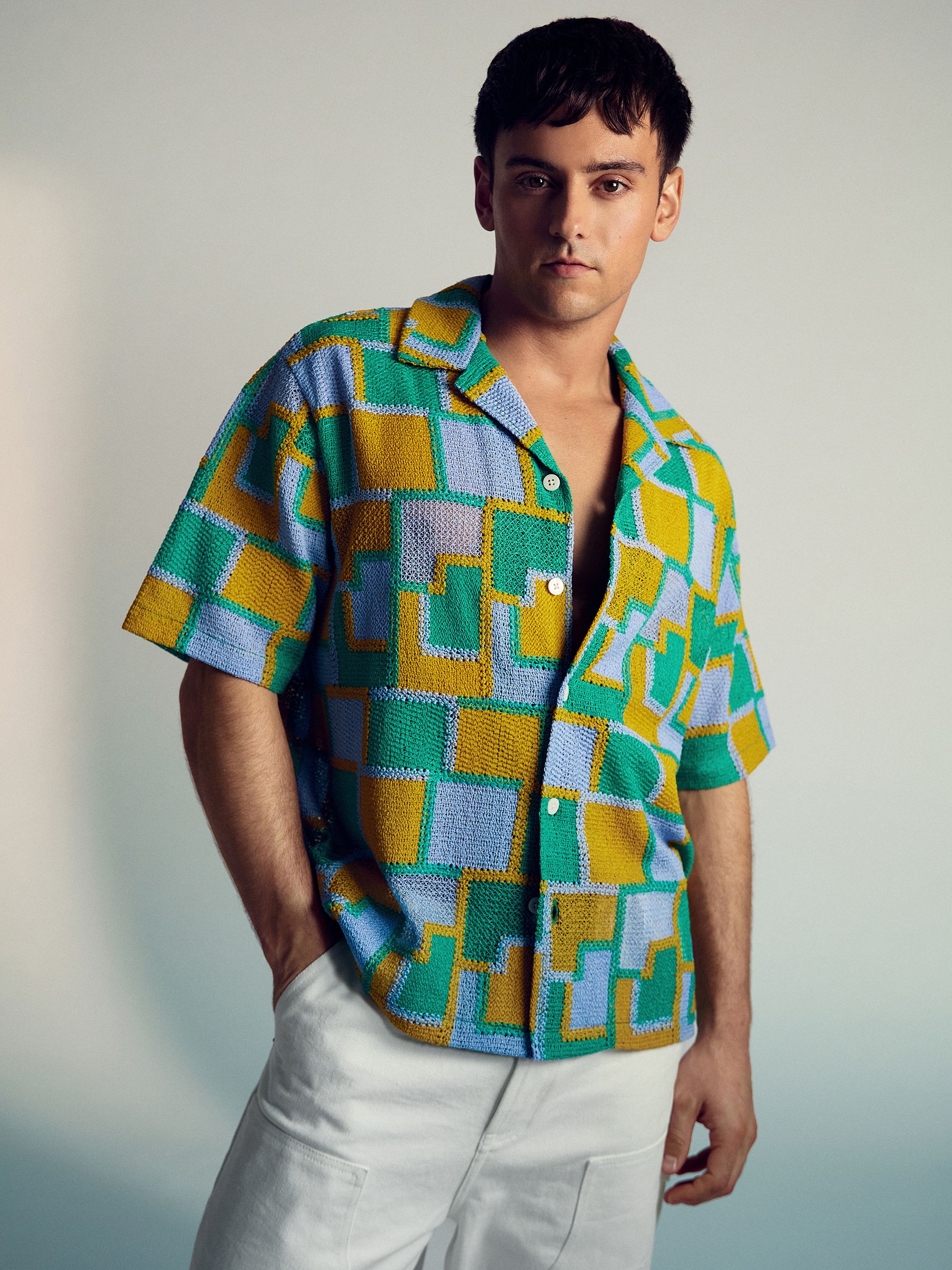 Reiss | Tom Daley Tile Crochet Shirt in Yellow/Green/Blue Multi - Image 5 of 6