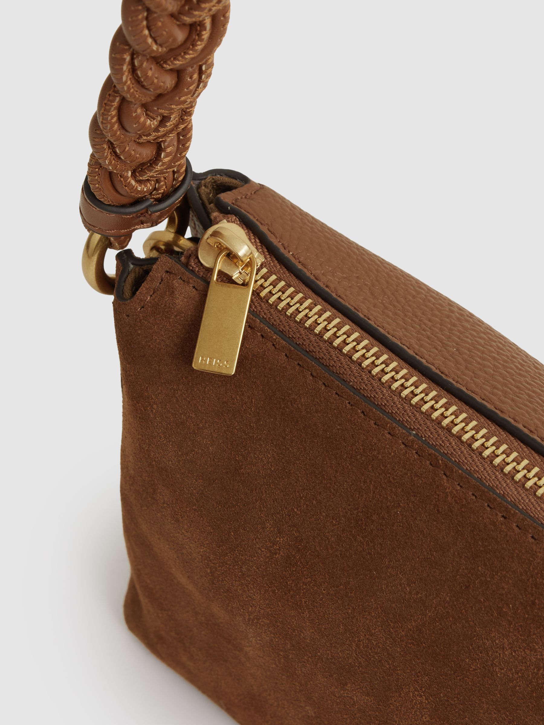 Reiss Suede Plaited-Strap Cross-Body Bag in Tan | REISS Reiss Suede Plaited-Strap Cross-Body Bag in Tan | REISS