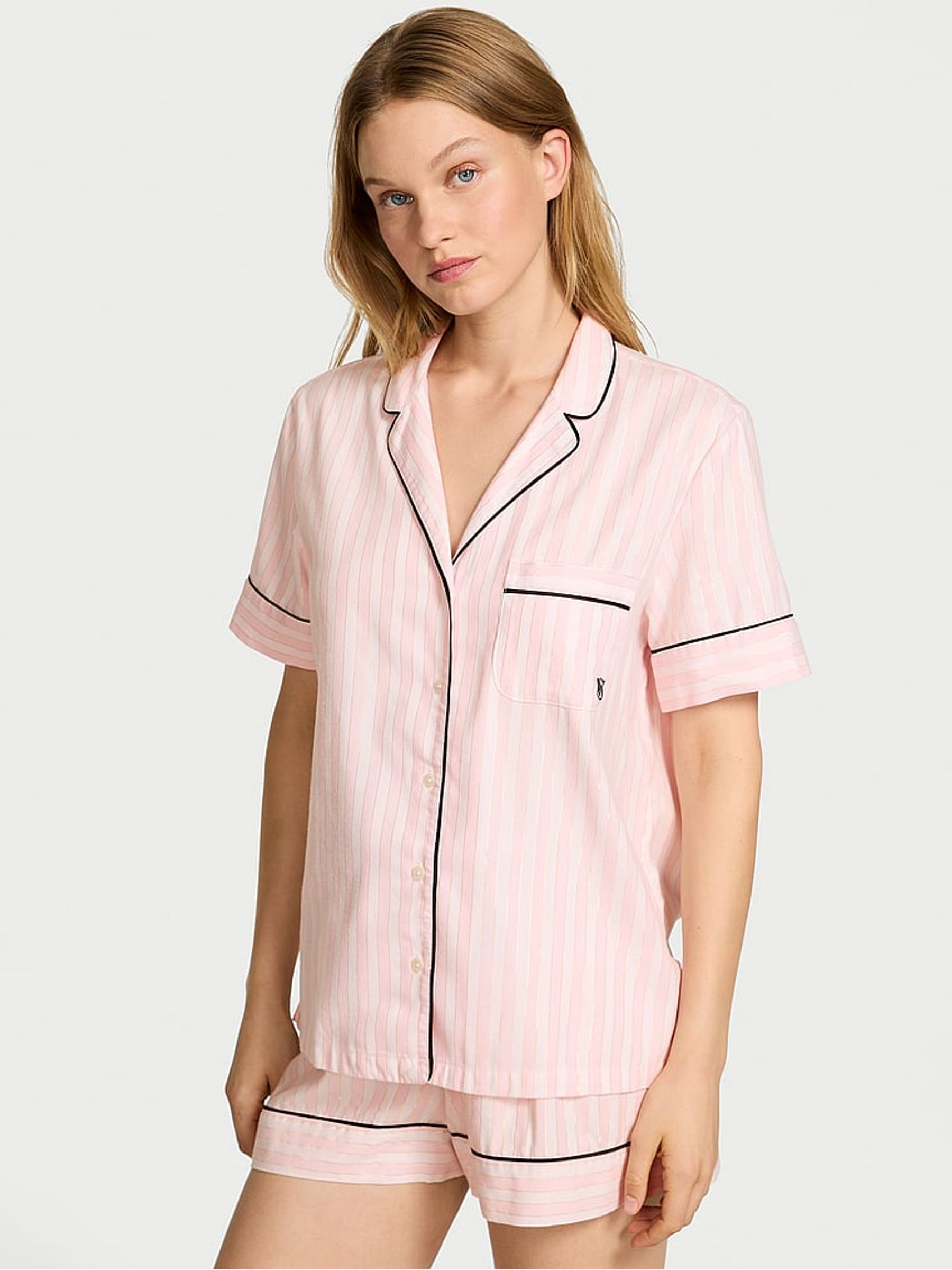 Pretty Blossom Pink Stripe Flannel Short Pyjamas Set - Image 1 of 4
