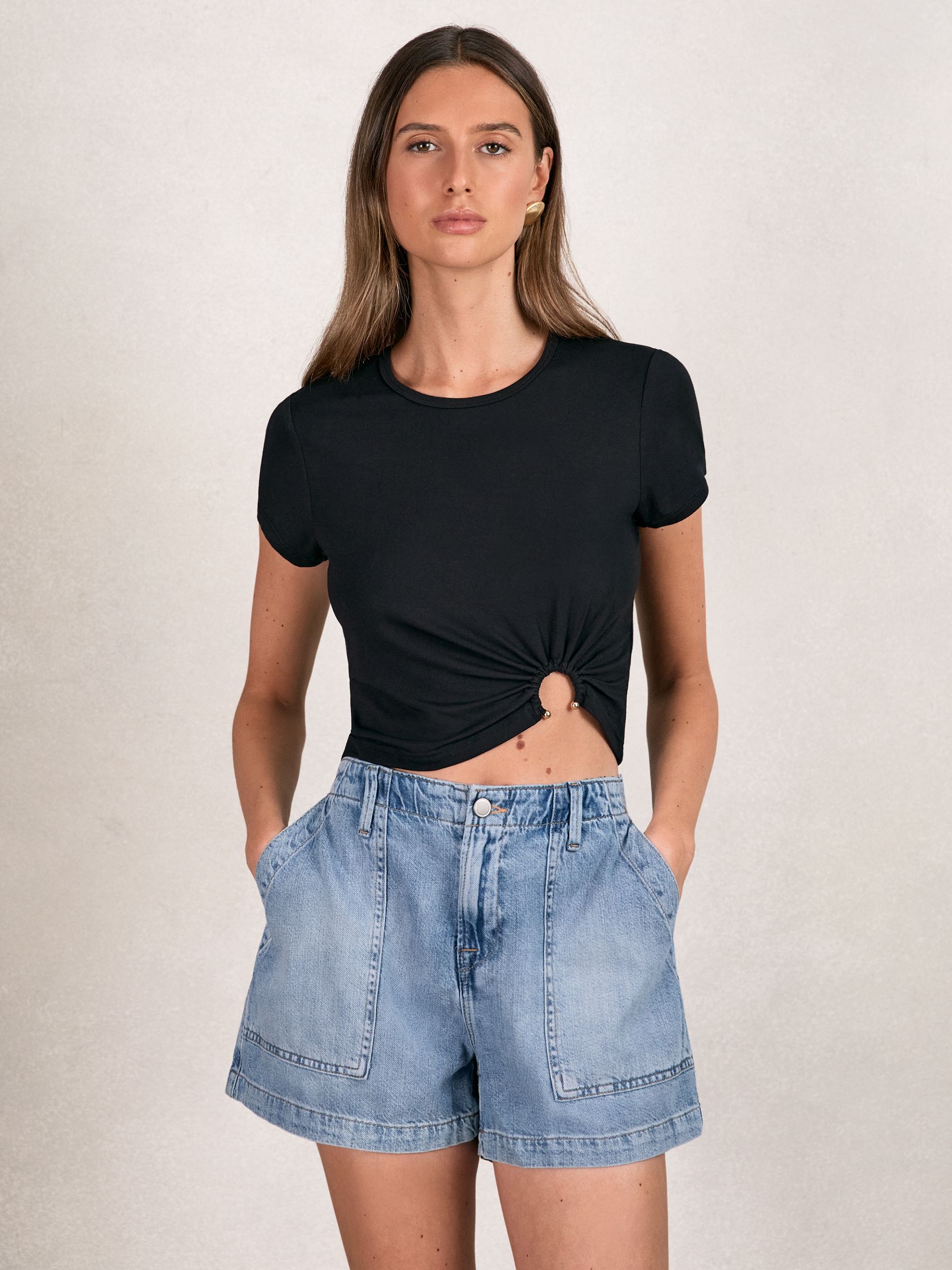 Good American Denim Shorts With Linen in Indigo Blue - Image 1 of 5 Good American Denim Shorts With Linen in Indigo Blue - Image 1 of 5