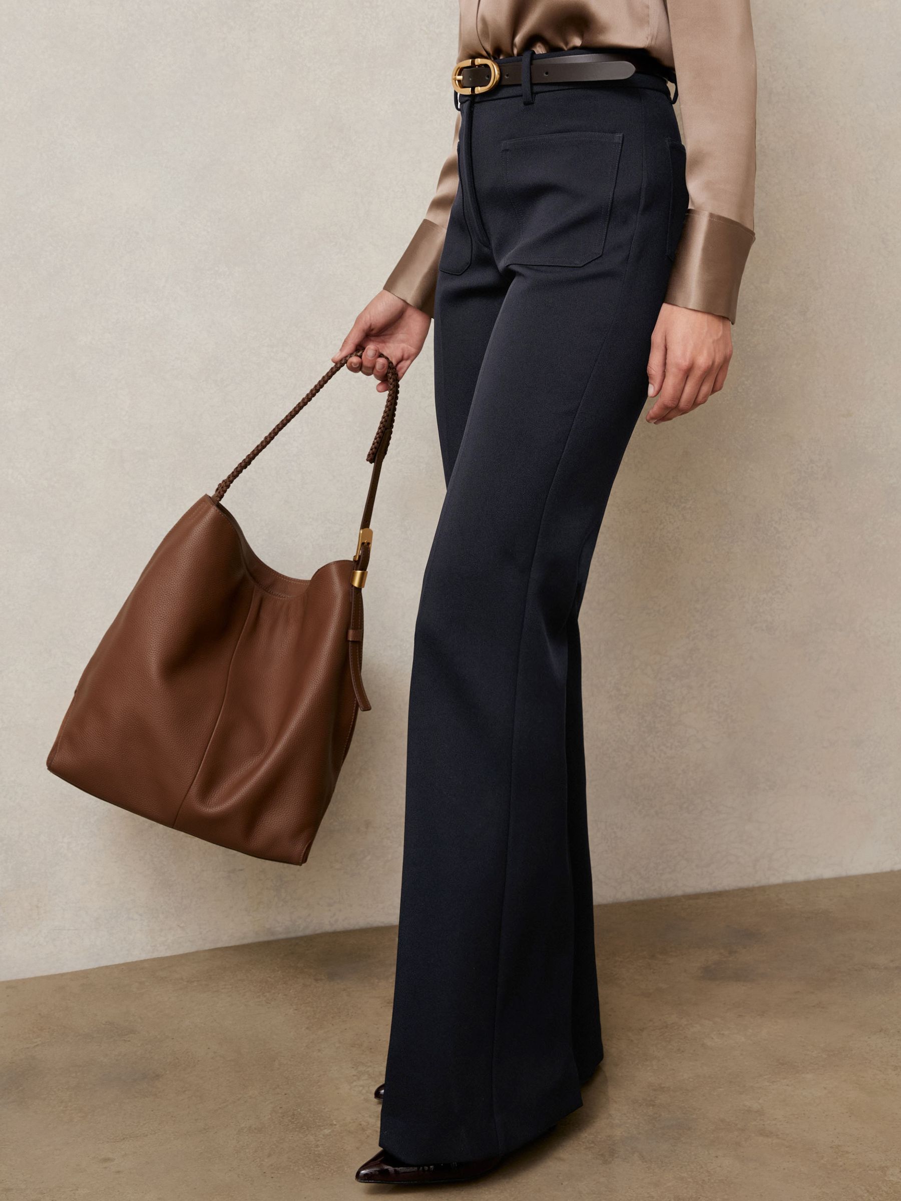 Twill Patch-Pocket Flared Trousers in Navy - image 4