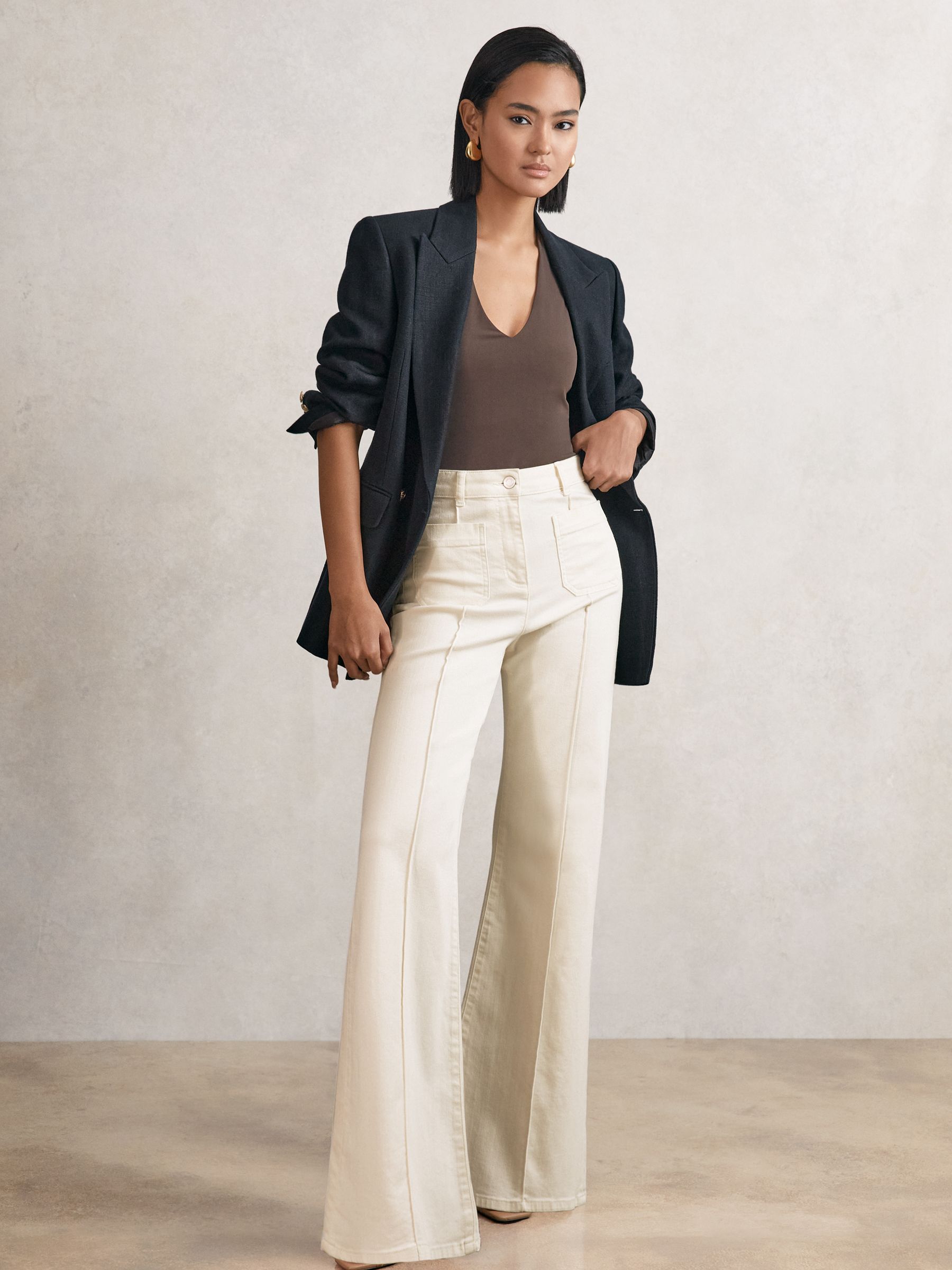 Petite Patch-Pocket Flared Jeans in Ecru - Image 1 of 7
