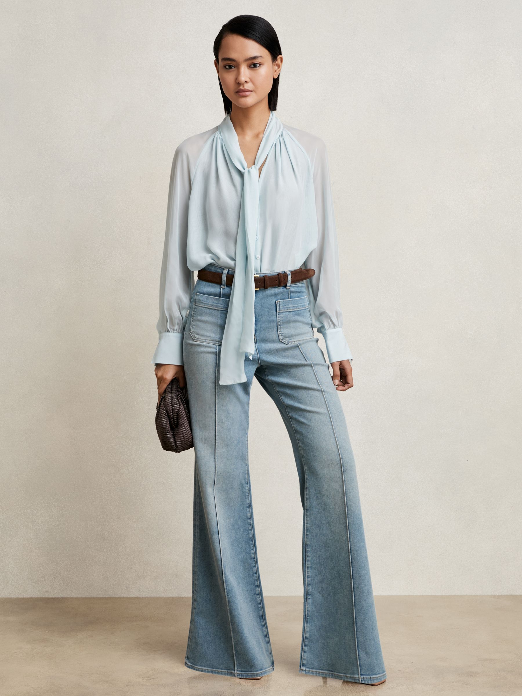 Reiss Silk-Blend Chiffon Tie-Neck Blouse in Pale Blue | REISS