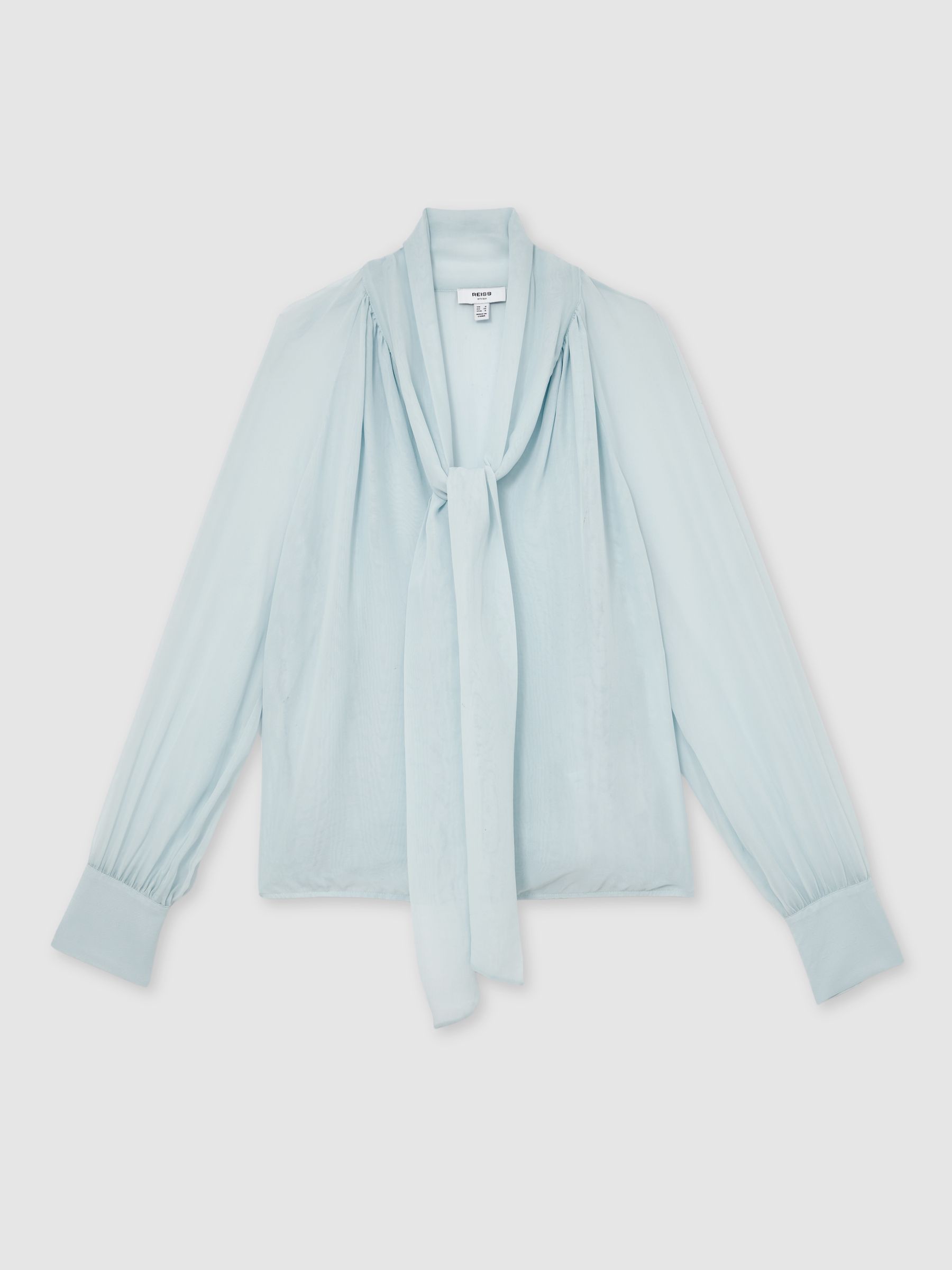 Reiss Silk-Blend Chiffon Tie-Neck Blouse in Pale Blue | REISS