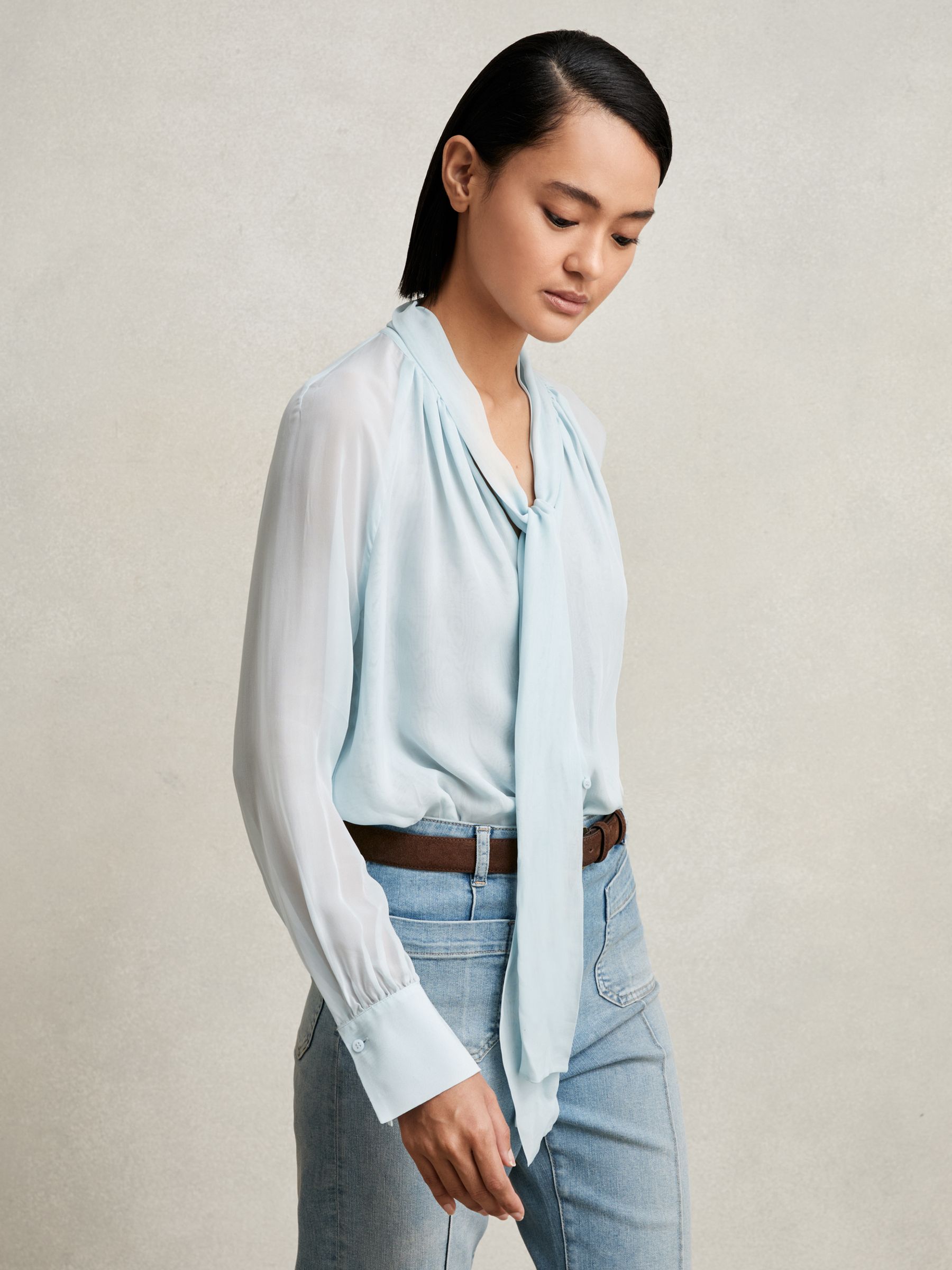 Reiss Silk-Blend Chiffon Tie-Neck Blouse in Pale Blue | REISS