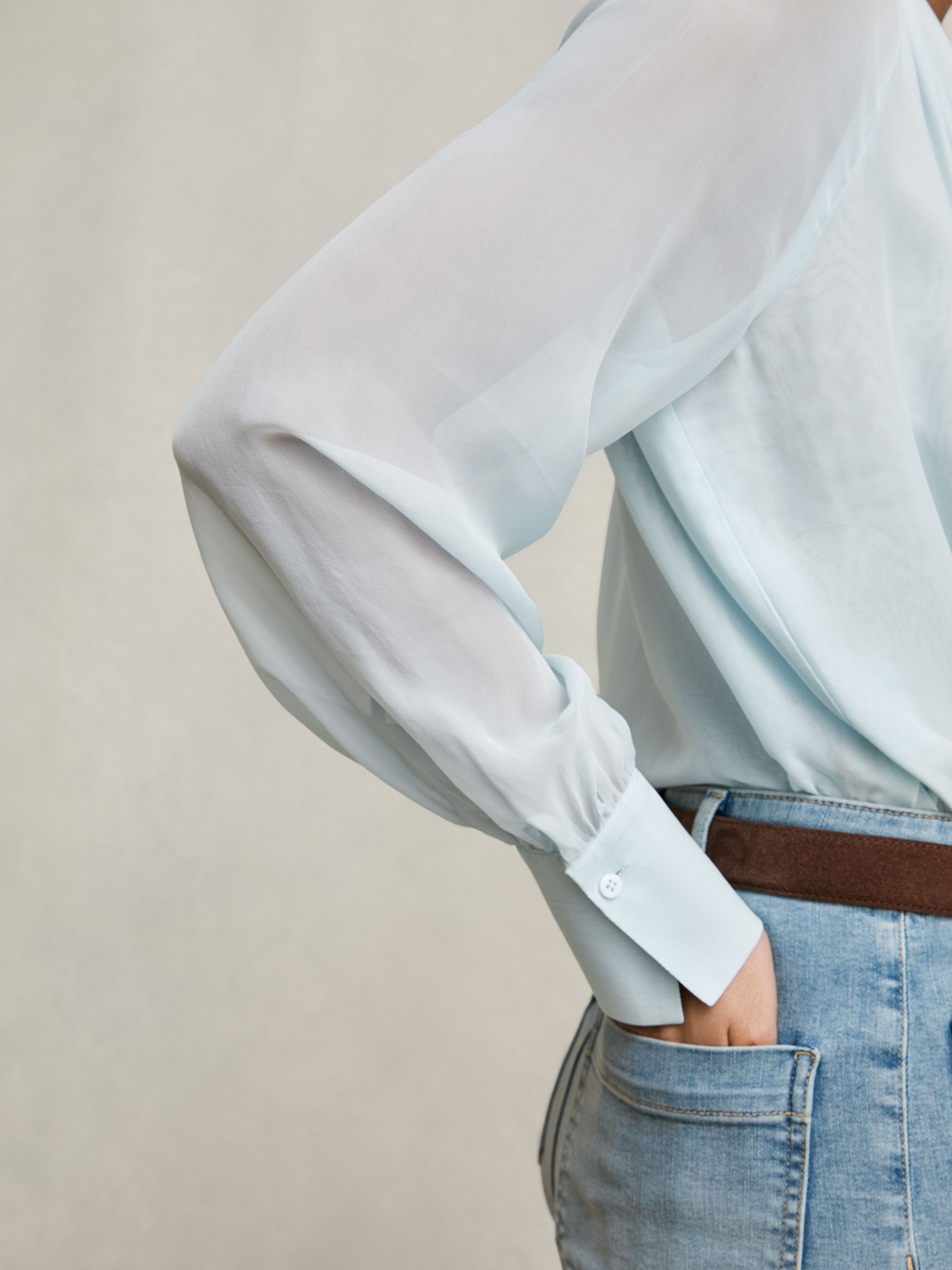 Reiss Silk-Blend Chiffon Tie-Neck Blouse in Pale Blue | REISS