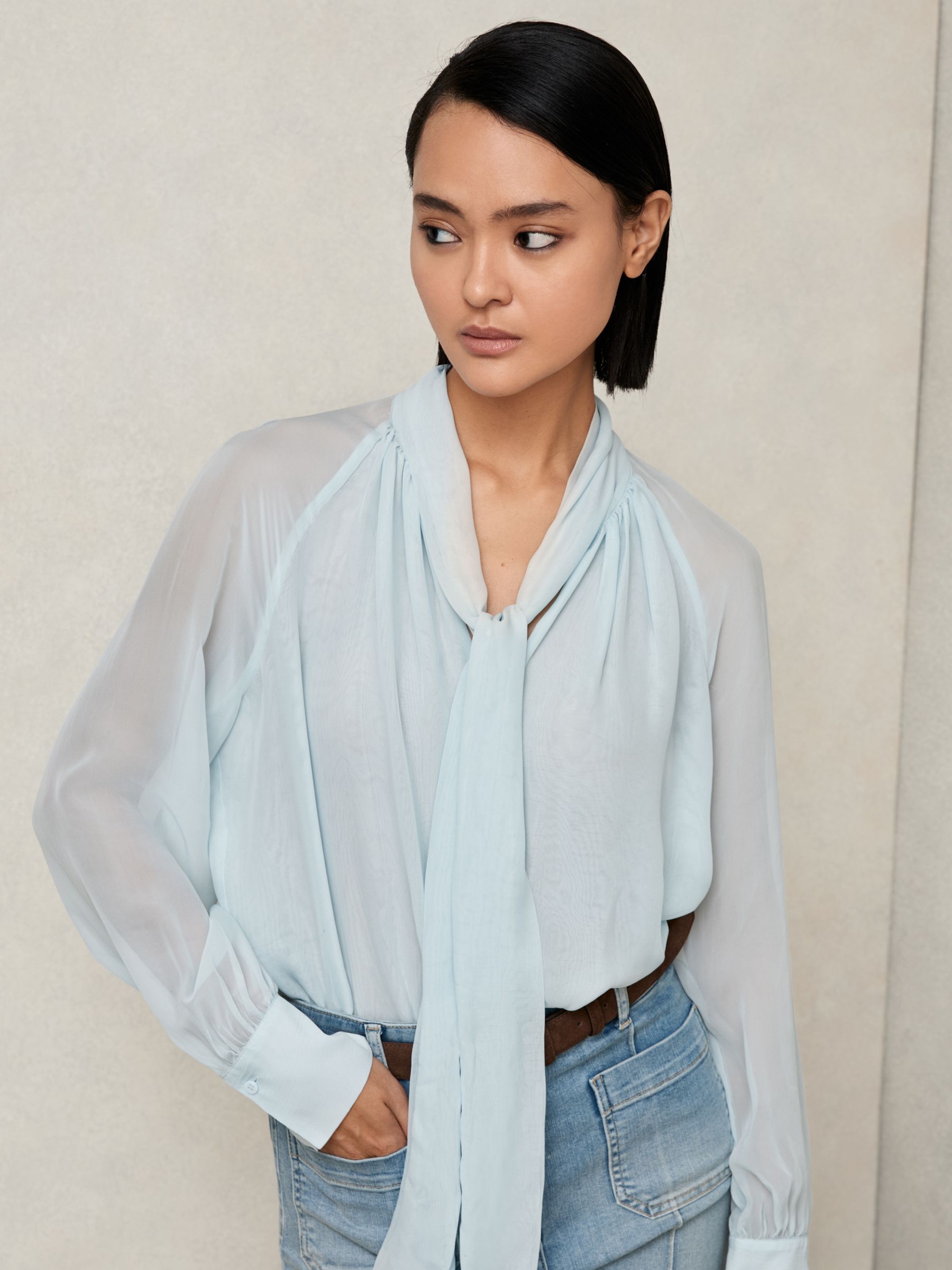 Reiss Silk-Blend Chiffon Tie-Neck Blouse in Pale Blue | REISS