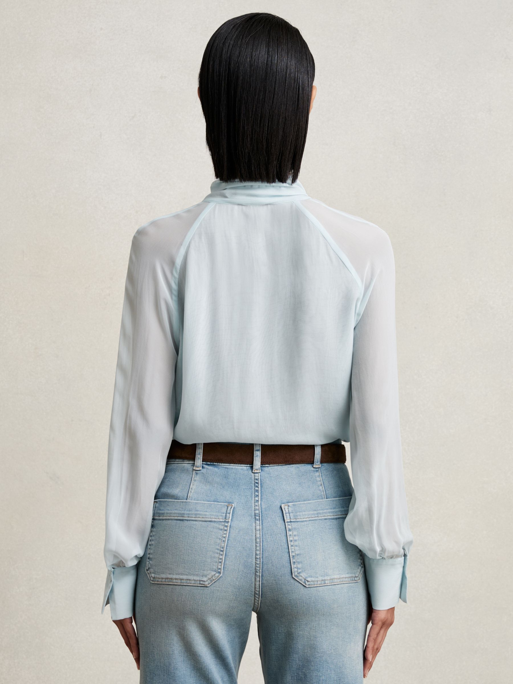 Reiss Silk-Blend Chiffon Tie-Neck Blouse in Pale Blue | REISS