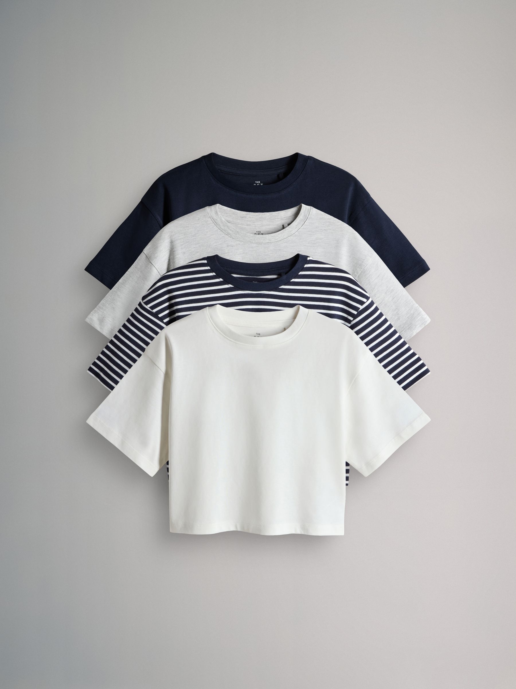 Navy Blue/Grey/White - 4 Pack Oversized Cropped Short Sleeve Heavyweight Cotton T-Shirts - Image 1 of 7