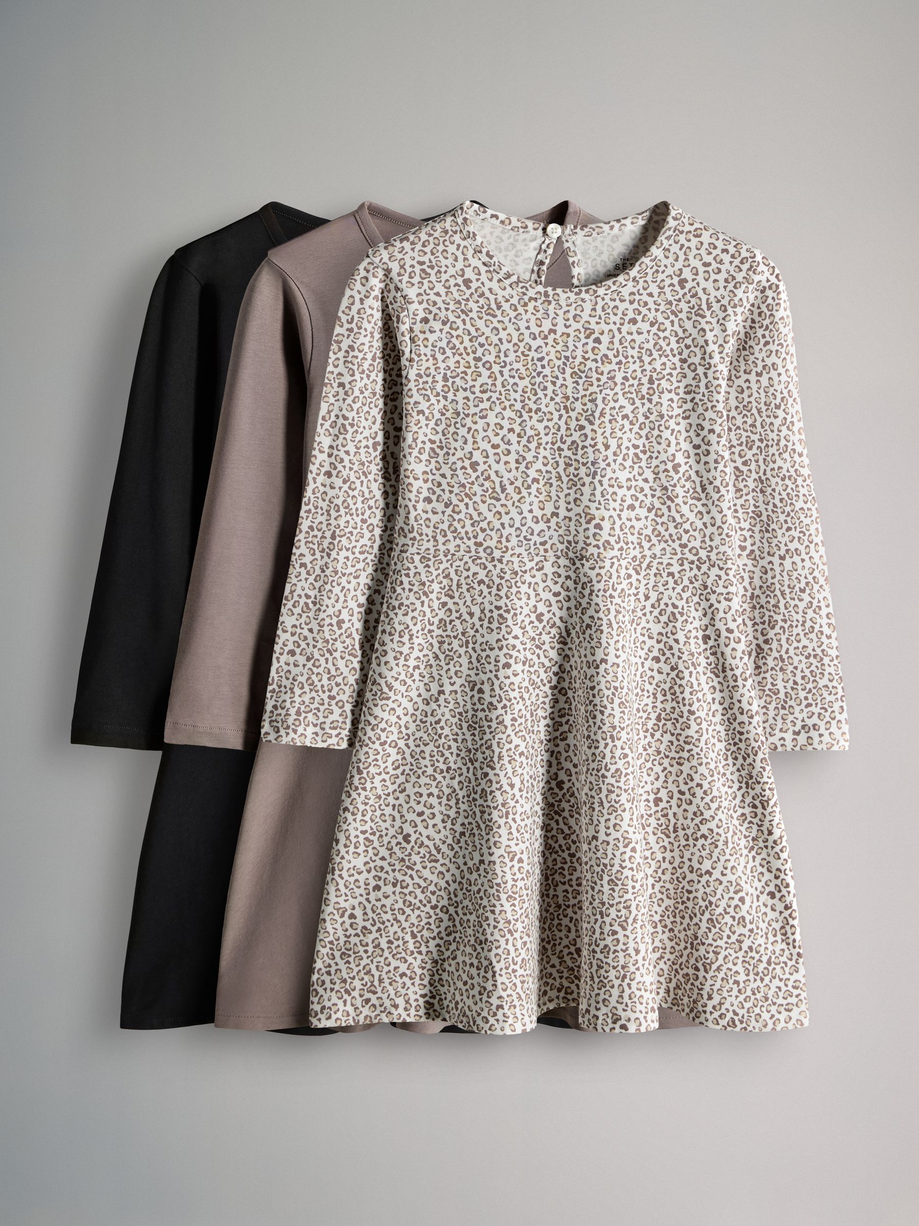 Black/Brown/Grey Marl - 3 Pack Long Sleeve Skater Cotton Dresses - Image 2 of 11