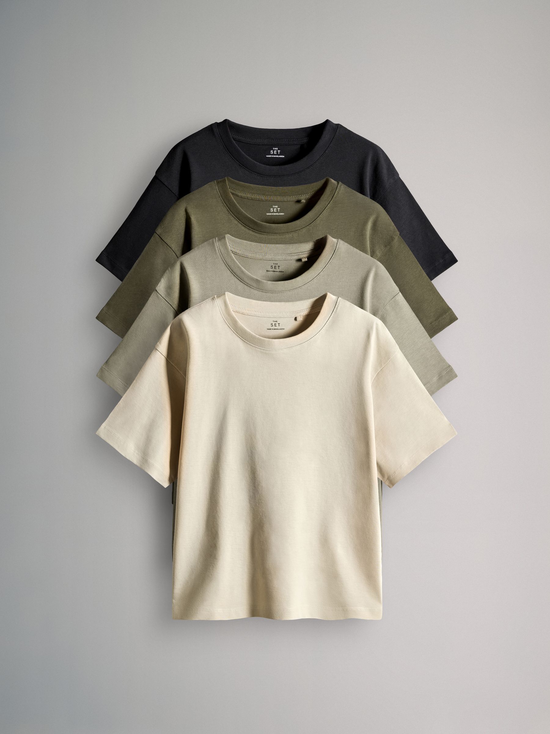 Black/Khaki/Green/Cream - 4 Pack Oversized Short Sleeve Cotton T-Shirts - Image 1 of 7