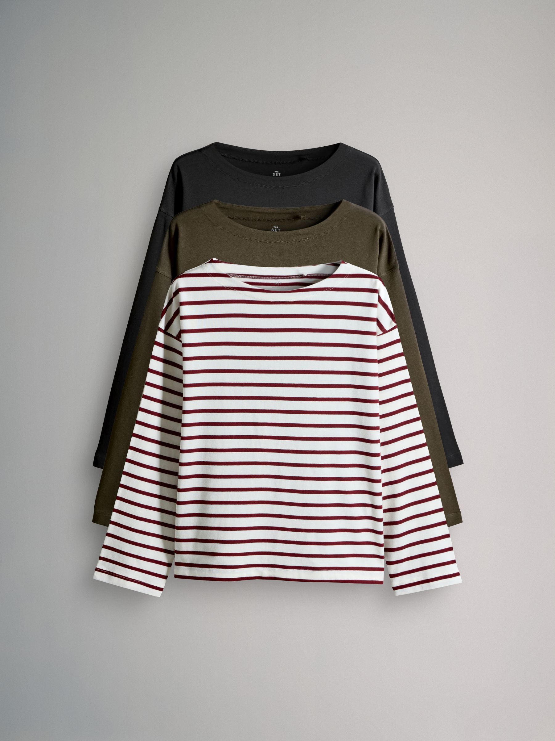 Black/Stripe/Khaki - 3 Pack Boat Neck Heavyweight T-Shirts - Image 1 of 6