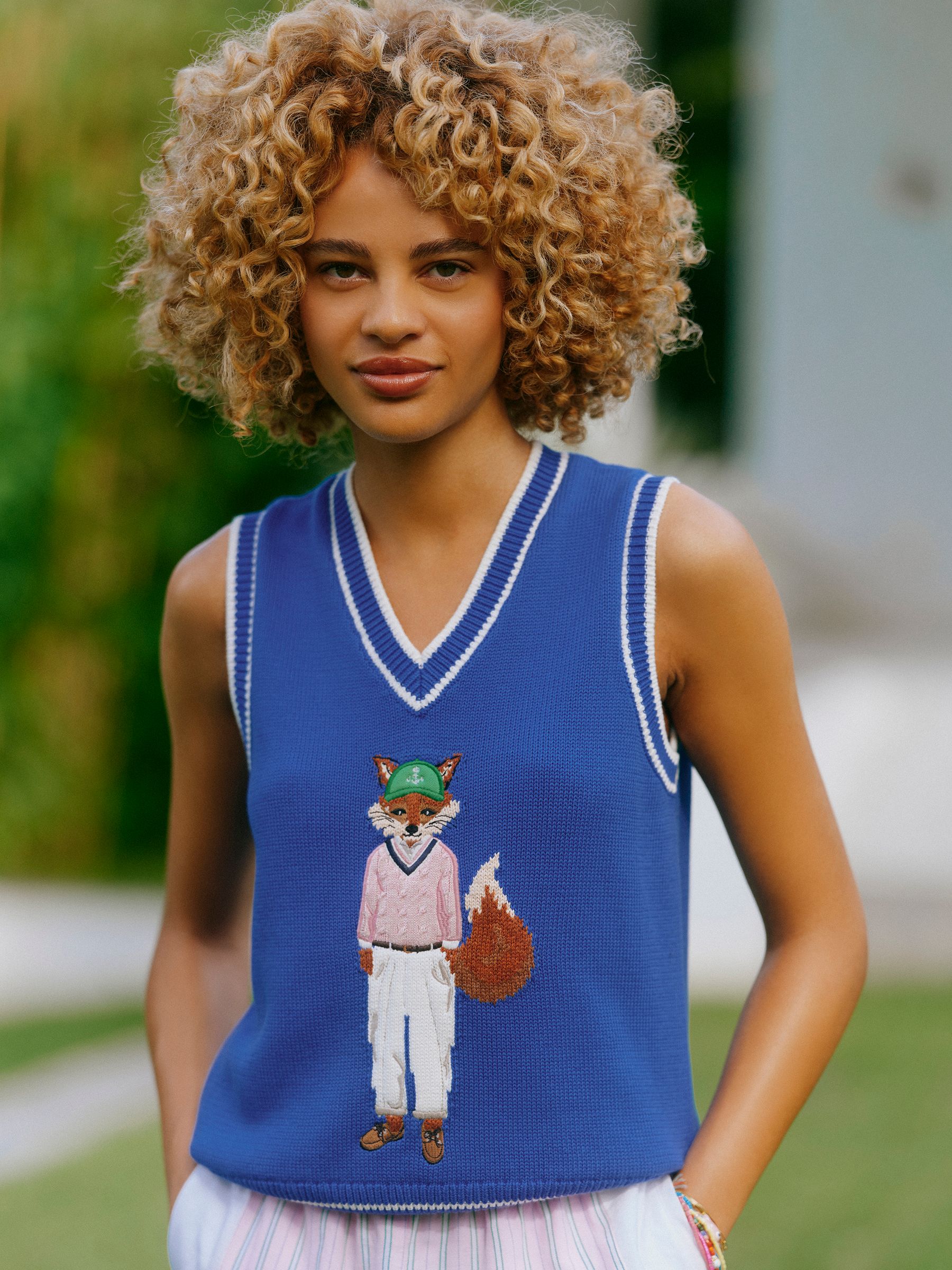 Jonty Fox Blue Intarsia Knitted Cotton Vest | Joules