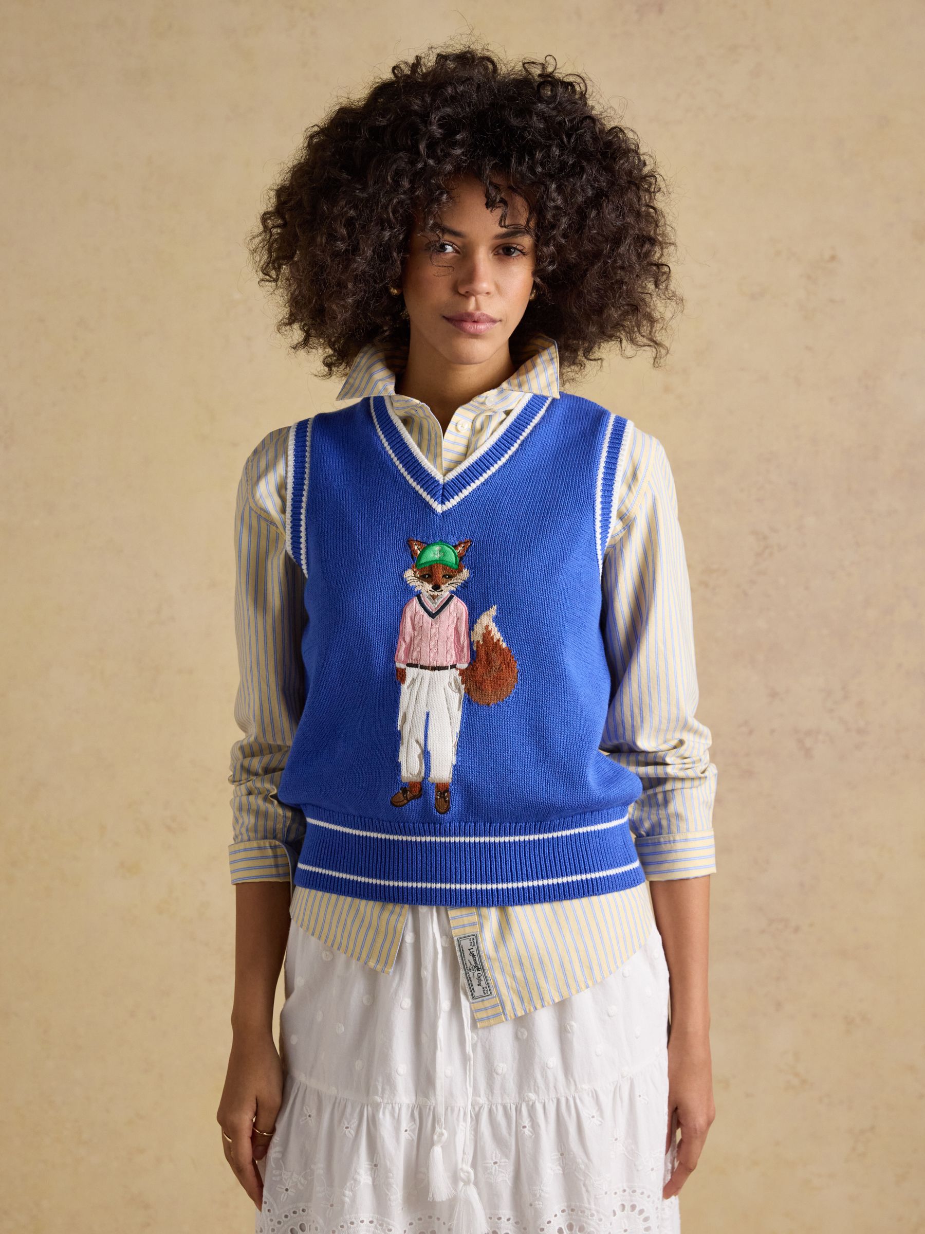 Jonty Fox Blue Intarsia Knitted Cotton Vest | Joules