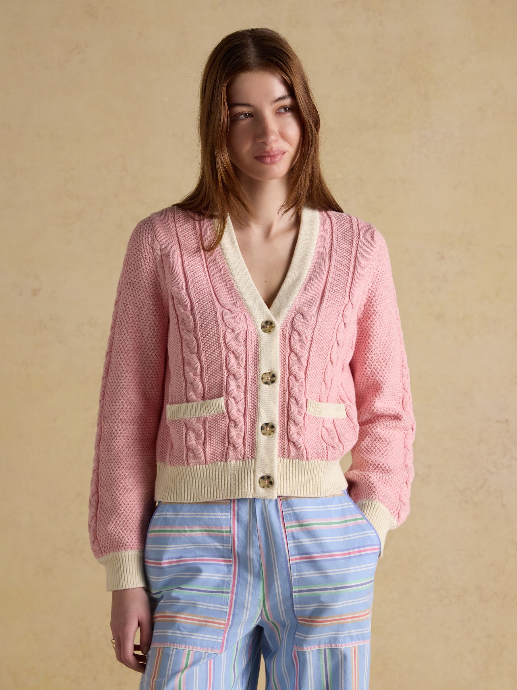 Pink V-Neck Cotton Cable Knitted Cardigan - Image 1 of 7 Pink V-Neck Cotton Cable Knitted Cardigan - Image 1 of 7
