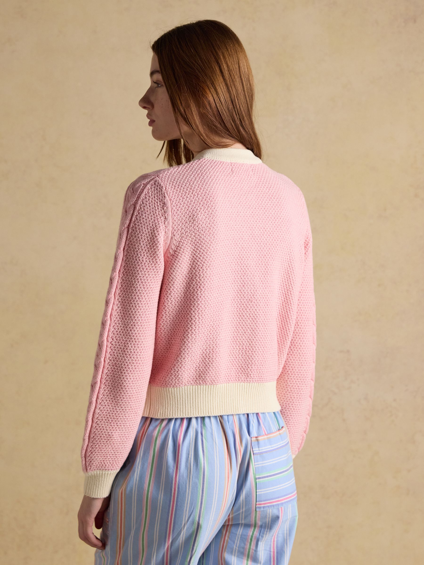 Pink V-Neck Cotton Cable Knitted Cardigan | Joules