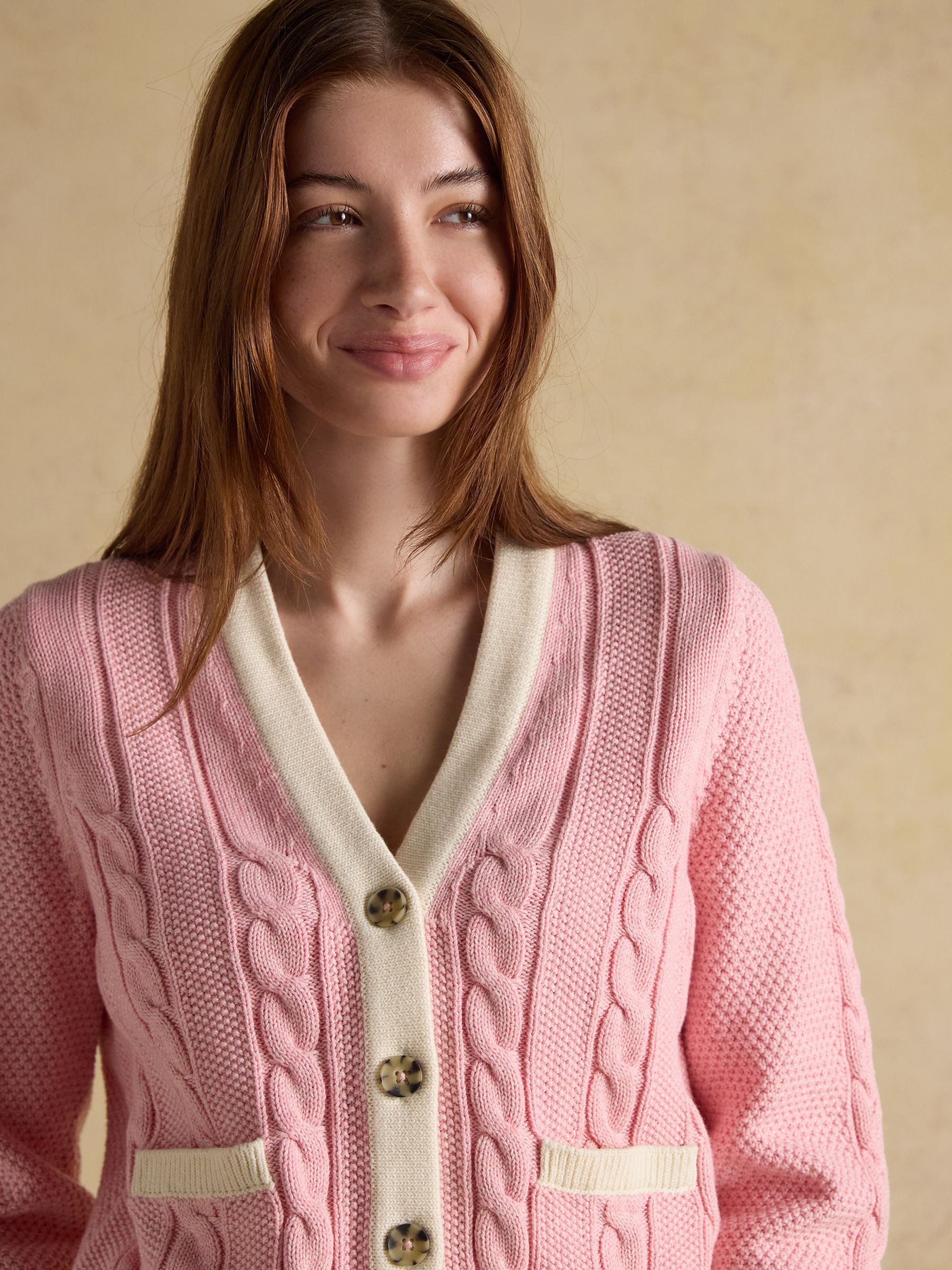 Pink V-Neck Cotton Cable Knitted Cardigan | Joules