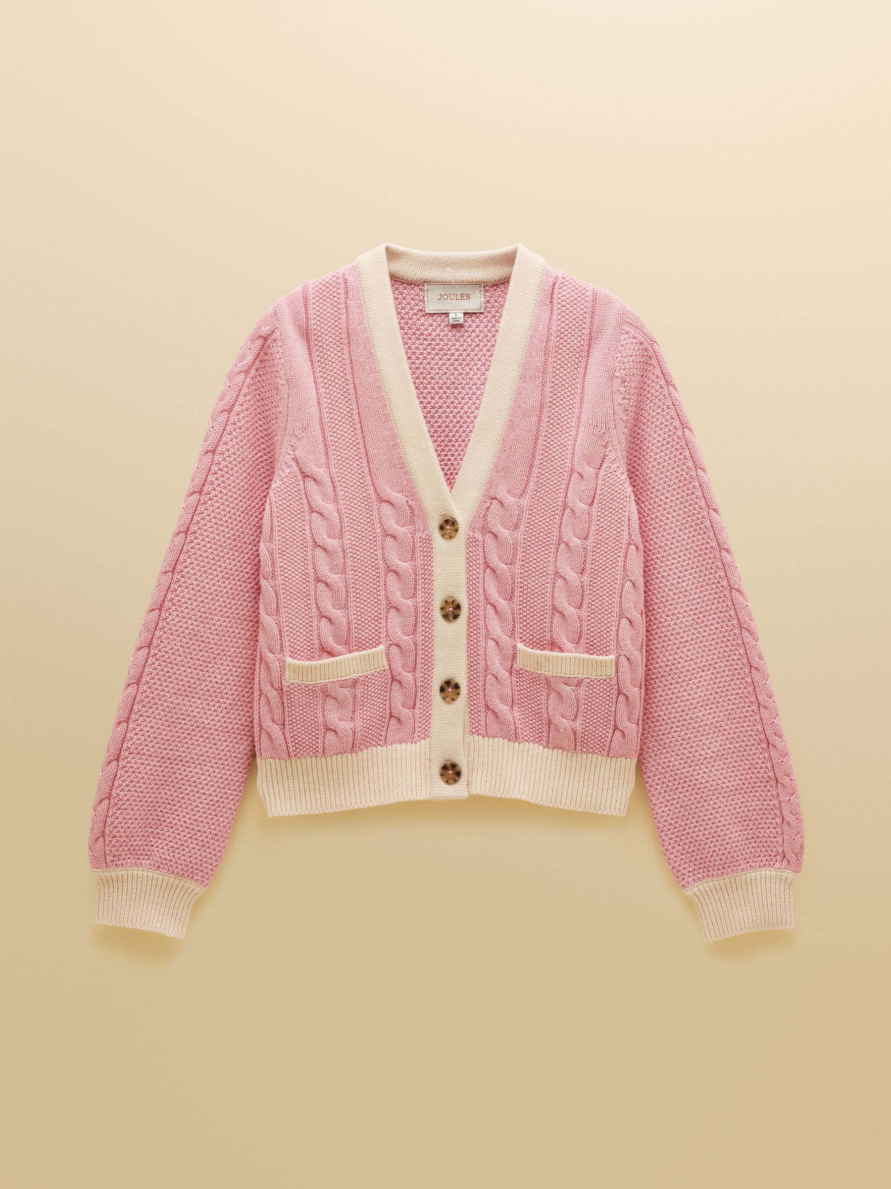 Pink V-Neck Cotton Cable Knitted Cardigan | Joules