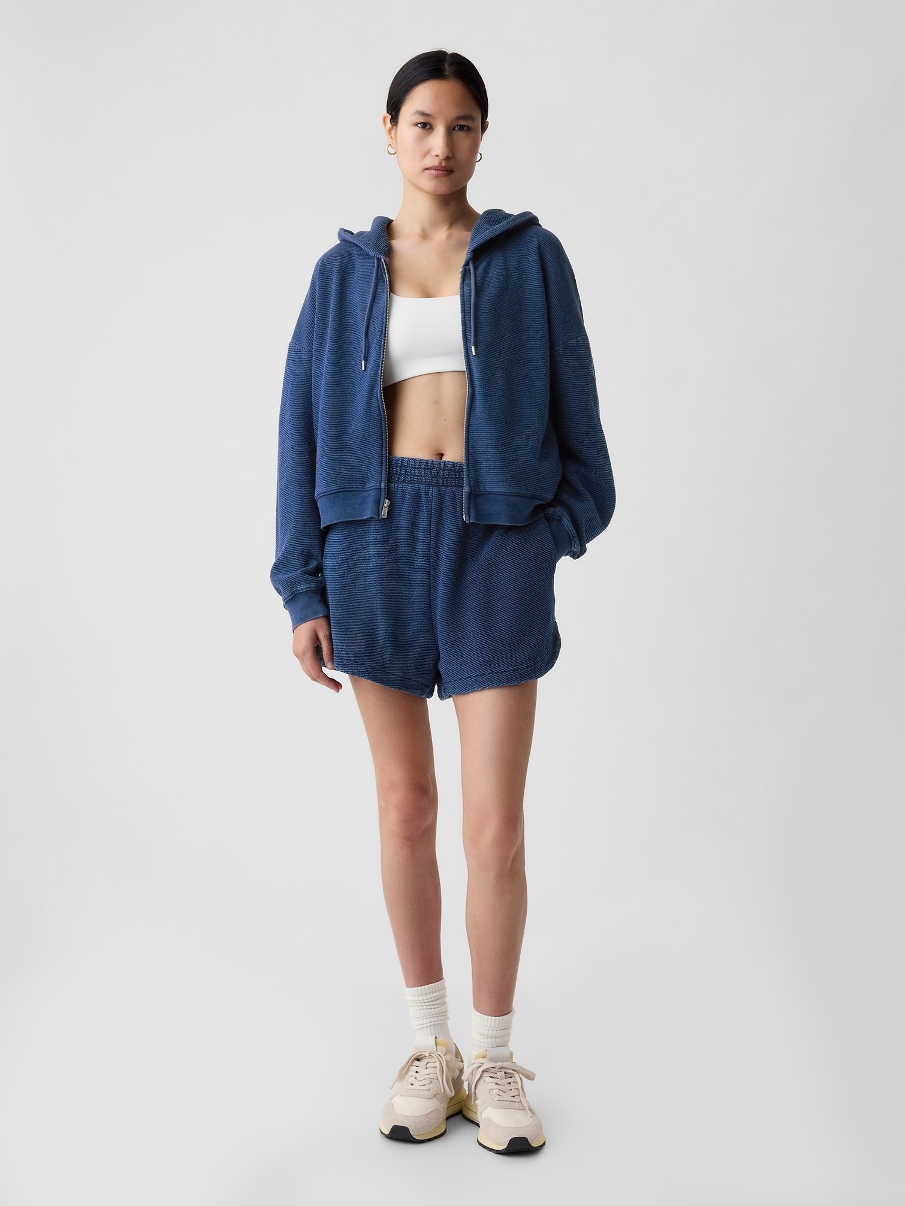 Blue Cotton Textured Dolphin Hem Sweat Shorts - Image 1 of 4