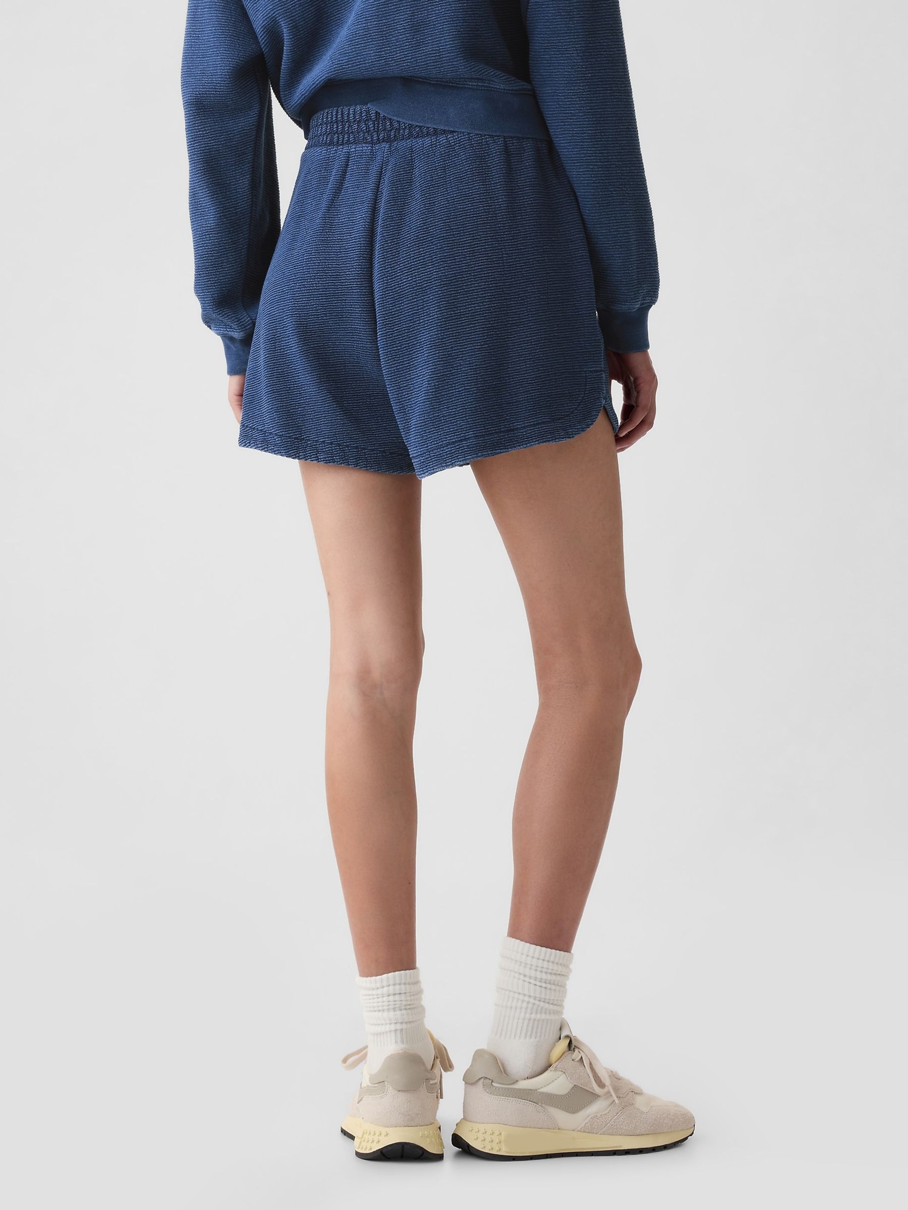 Blue Cotton Textured Dolphin Hem Sweat Shorts - Image 2 of 4