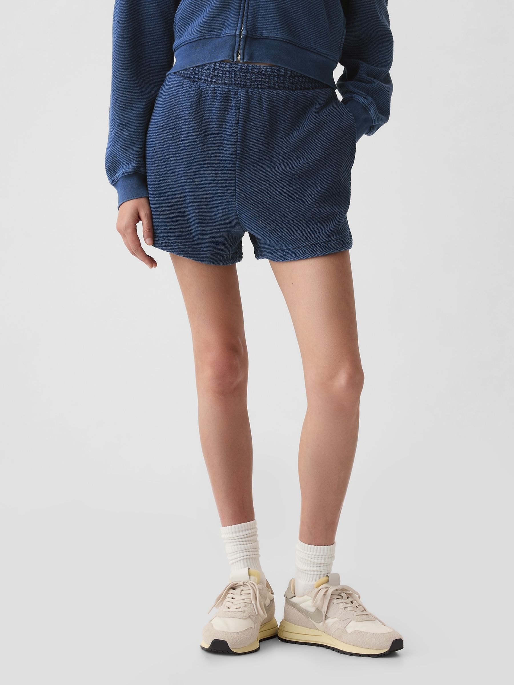 Blue Cotton Textured Dolphin Hem Sweat Shorts - Image 3 of 4