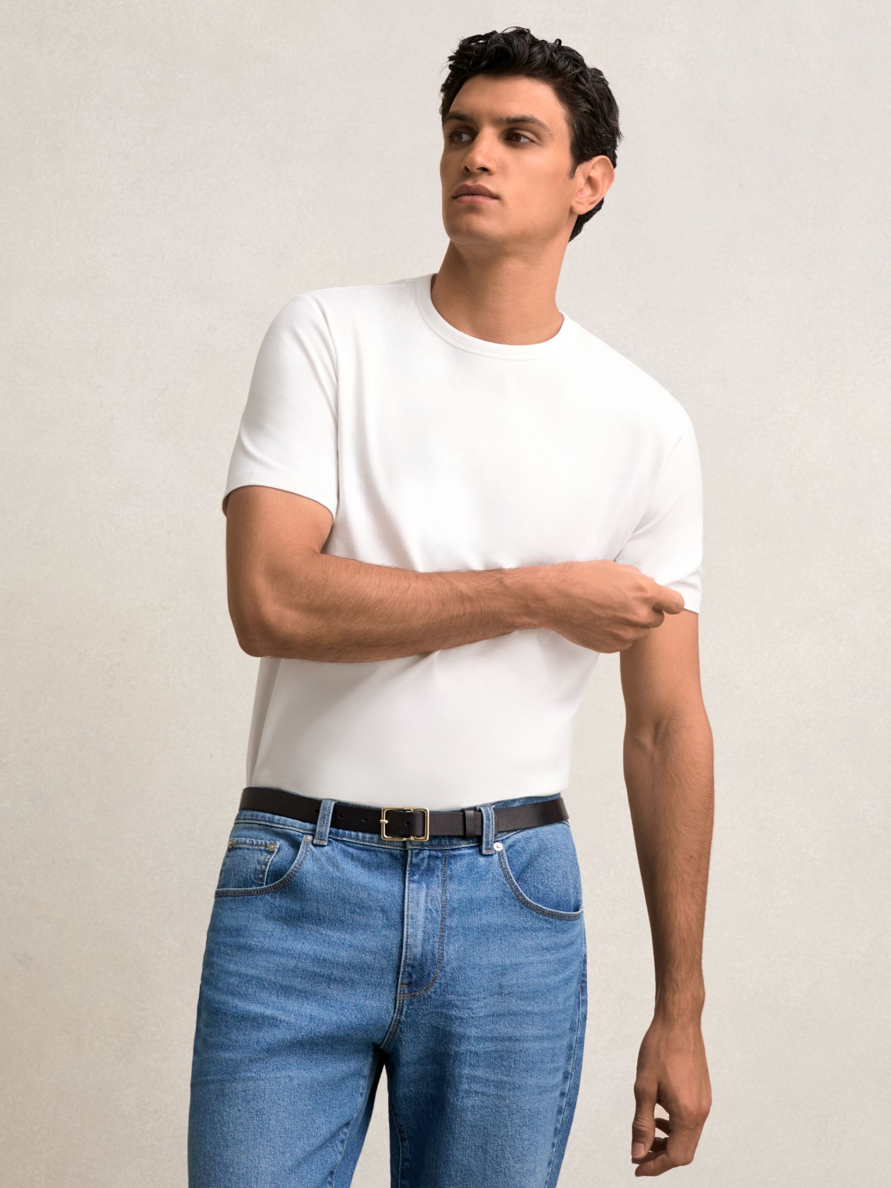 Stretch-Cotton Crew-Neck T-Shirt in White - Image 1 of 7 Stretch-Cotton Crew-Neck T-Shirt in White - Image 1 of 7