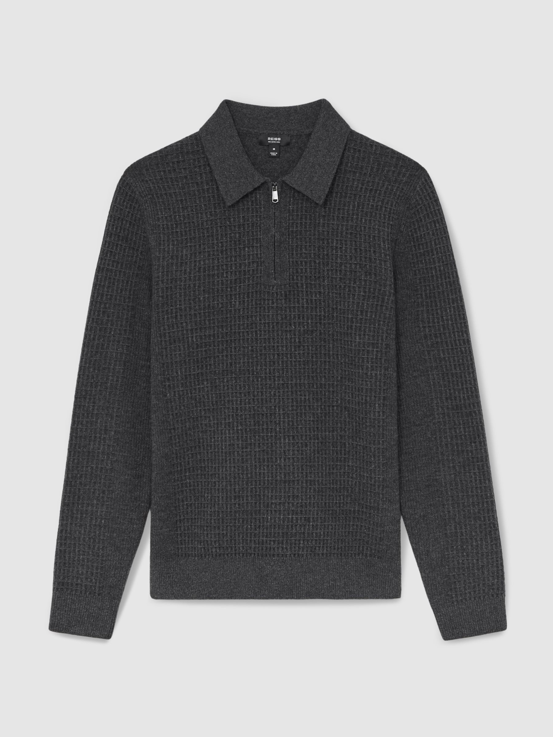 Wool Waffle-Knit Half-Zip Polo Shirt in Charcoal Grey - Image 2 of 6