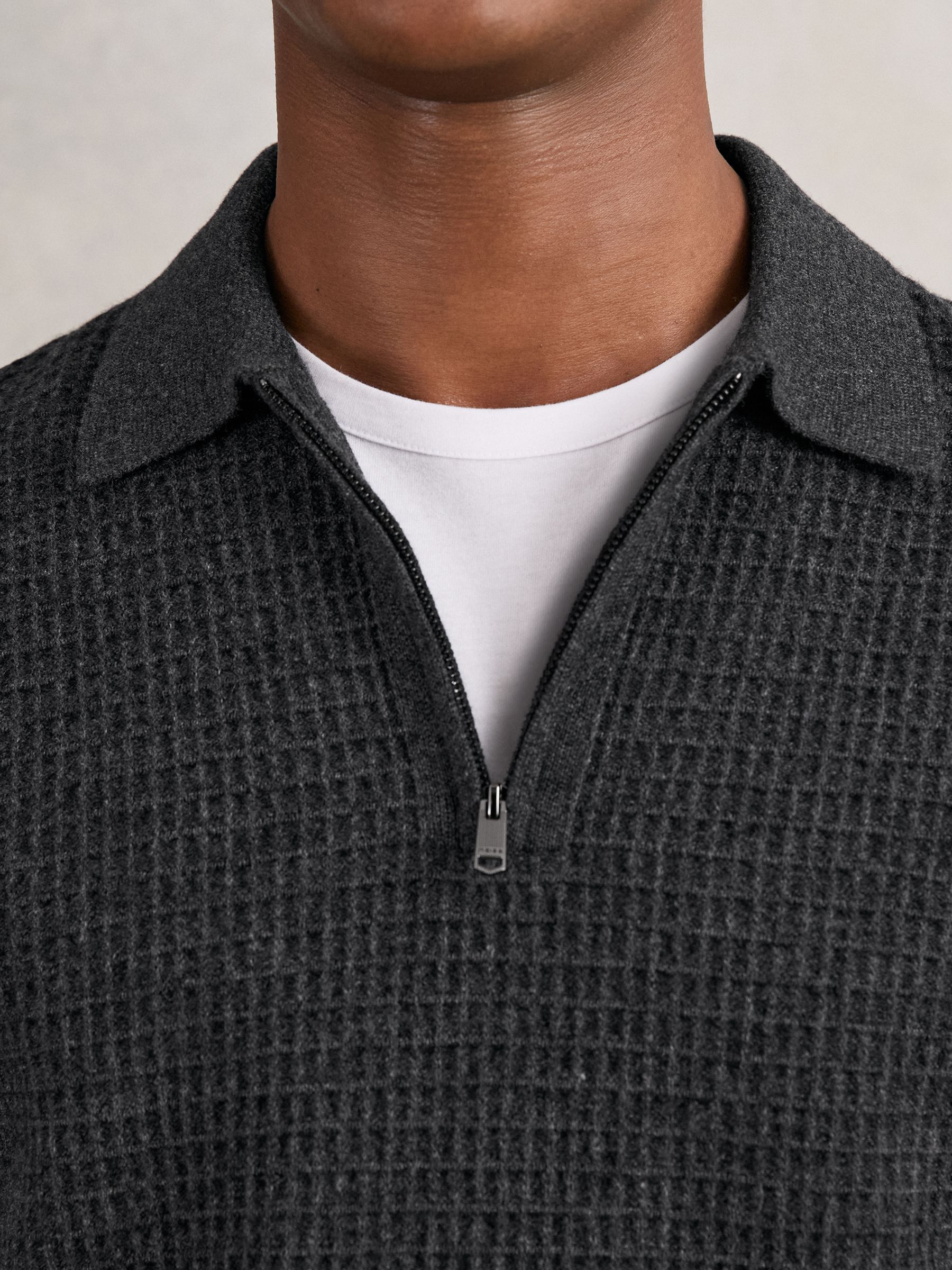 Wool Waffle-Knit Half-Zip Polo Shirt in Charcoal Grey - Image 4 of 6