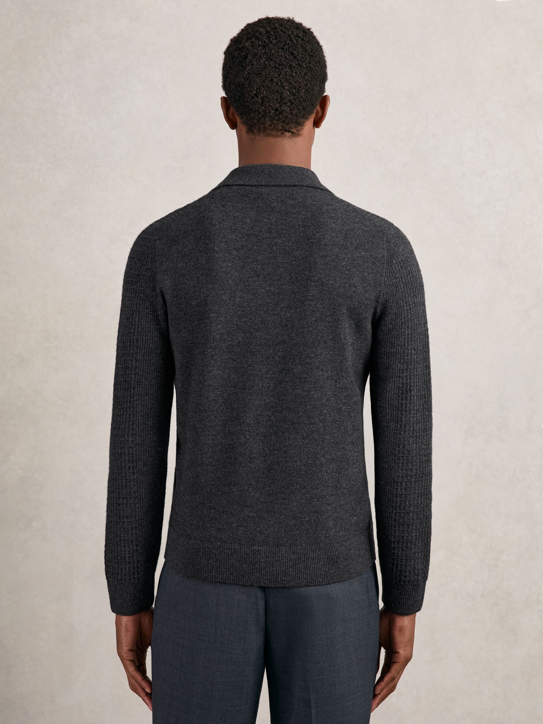 Wool Waffle-Knit Half-Zip Polo Shirt in Charcoal Grey - Image 5 of 6