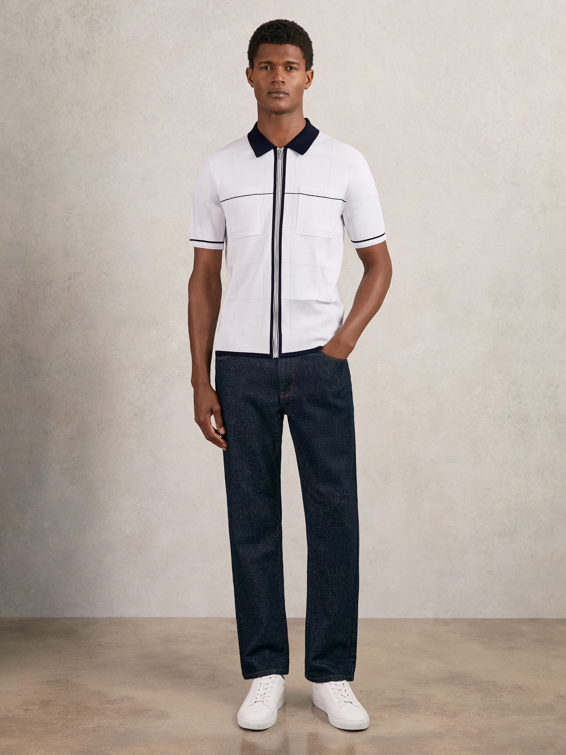 Compact-Knit Tipped Zip-Through Shirt in White/Navy/Blue - Image 1 of 6
